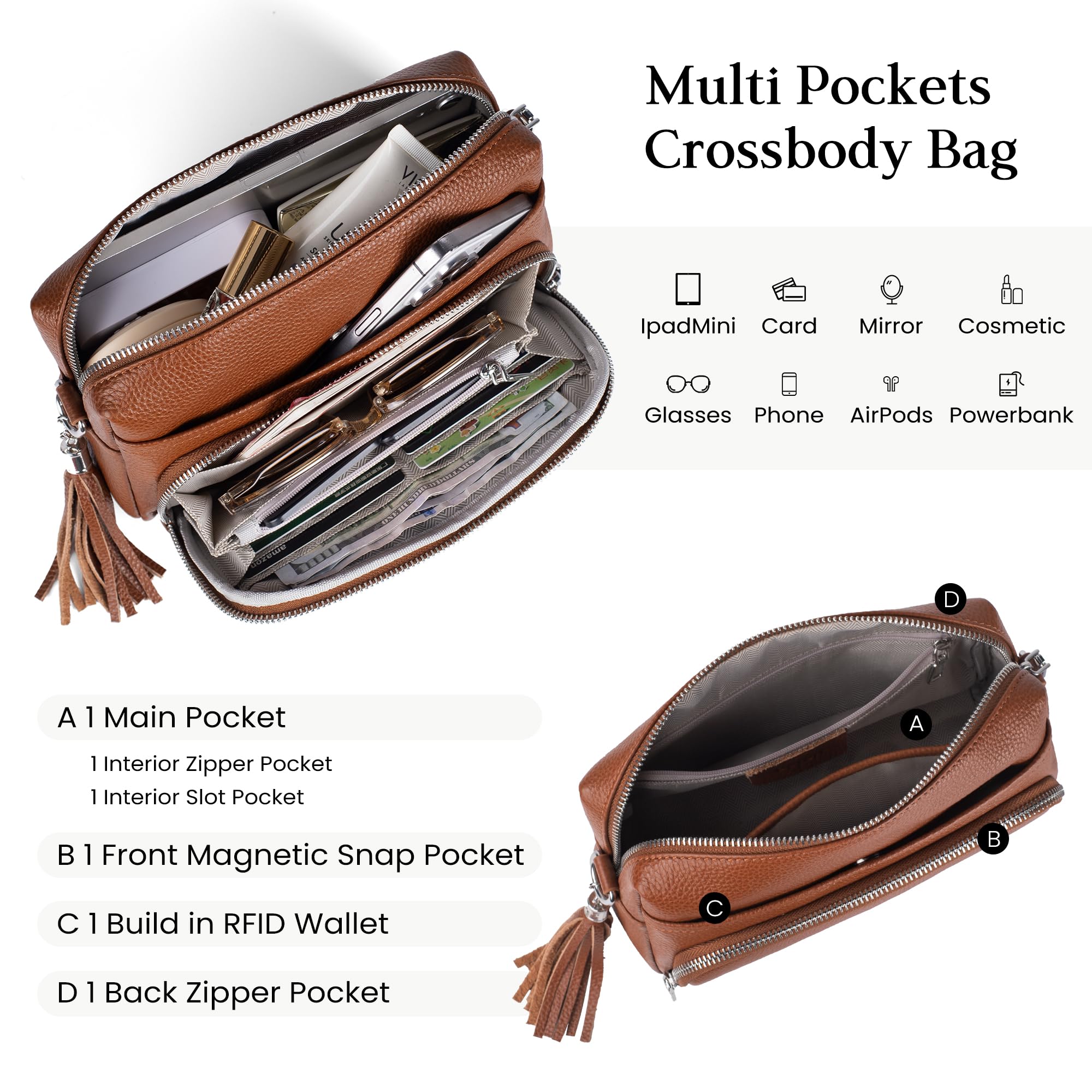 befen Bolso de Piel Genuina de Mujer con Bloqueo RFID Bolso Bandolera Mediano de Mujer con Monedero Integrado, Bolso Crossbody con Correa de Hombro Ajustable y Removible