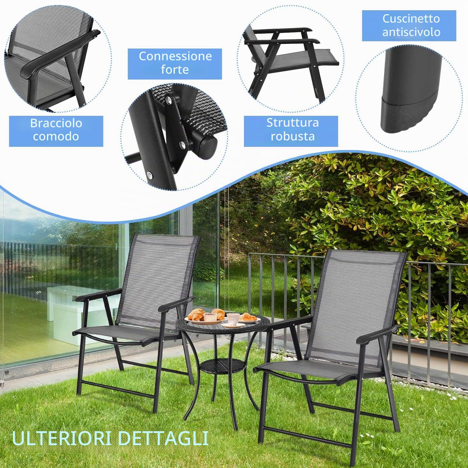 KOMFOTTEU Set di 2 Sedie da Giardino Pieghevoli con Schienale Alto, Sedie da Esterno in Tessuto e Metallo, Carico 150 kg, Poltrona da Balcone, Terrazza, Sala da Pranzo, Cortile (Grigio)