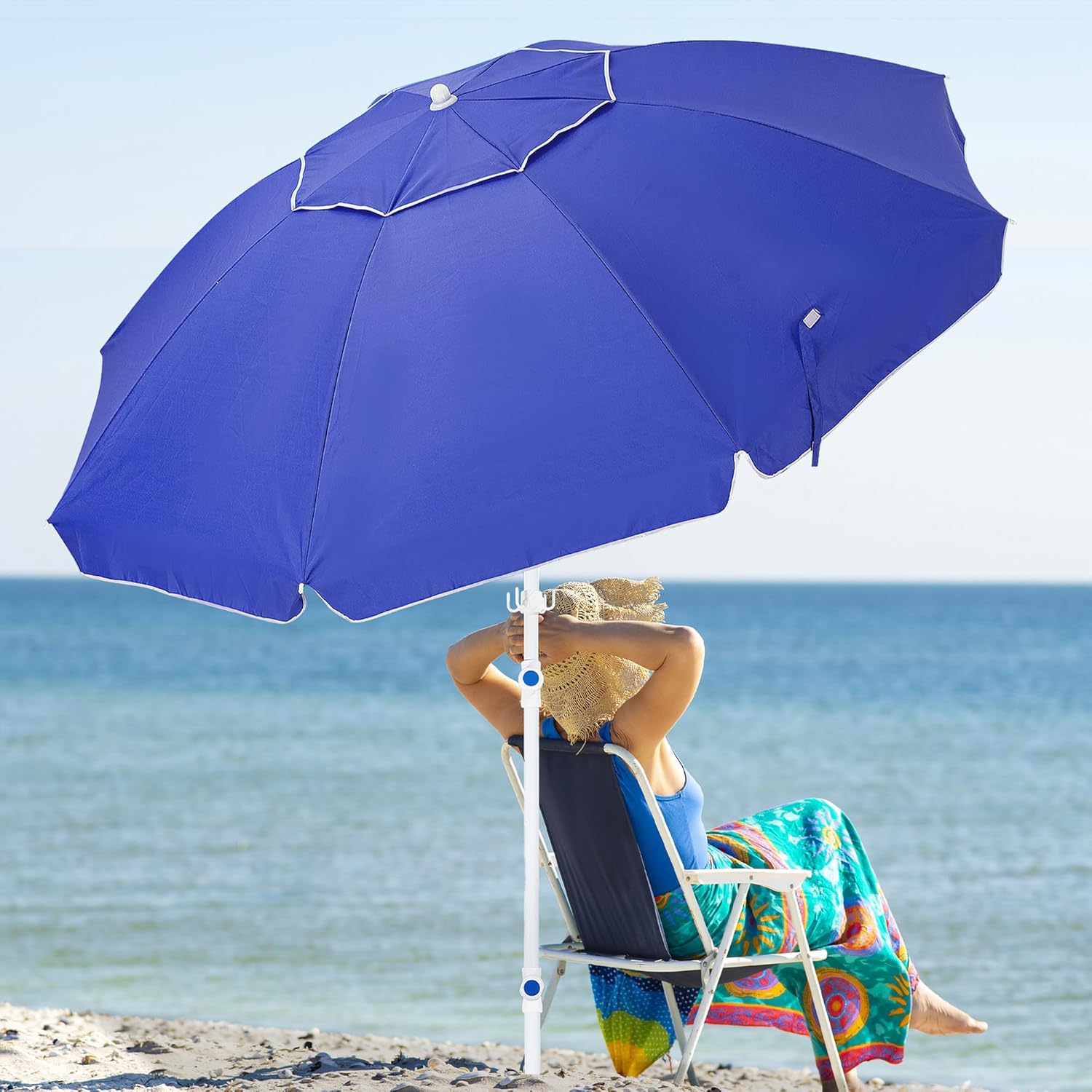 jearey 8.5ft beach umbrella for sand portable outdoor beach umbrella with sand anchor fiberglass rib push button tilt and carry bag,royal blue 8.5ft royal blue