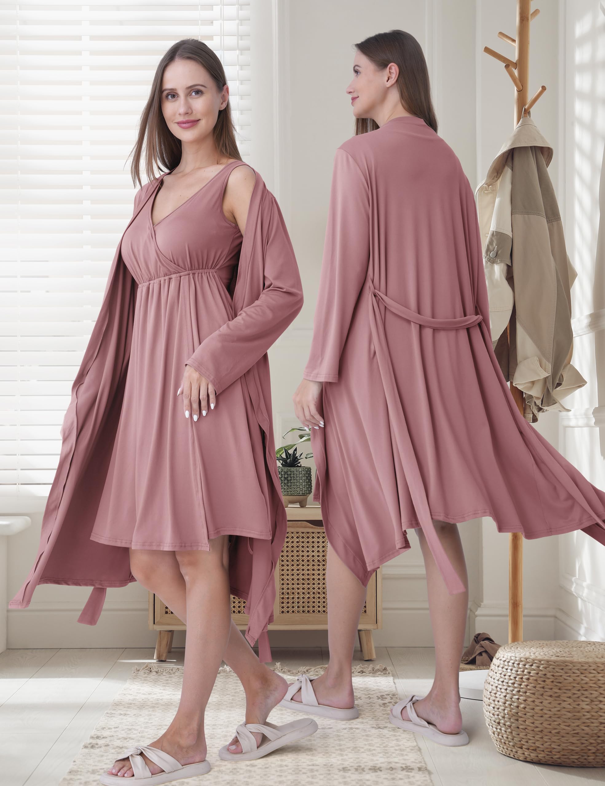 SUNNYBUY Chemise de nuit de grossesse et d'allaitement avec robe de chambre 2 pièces | Ensemble de vêtements de nuit de grossesse 3 en 1 pour naissance, puériculture et allaitement, vêtements de nuit