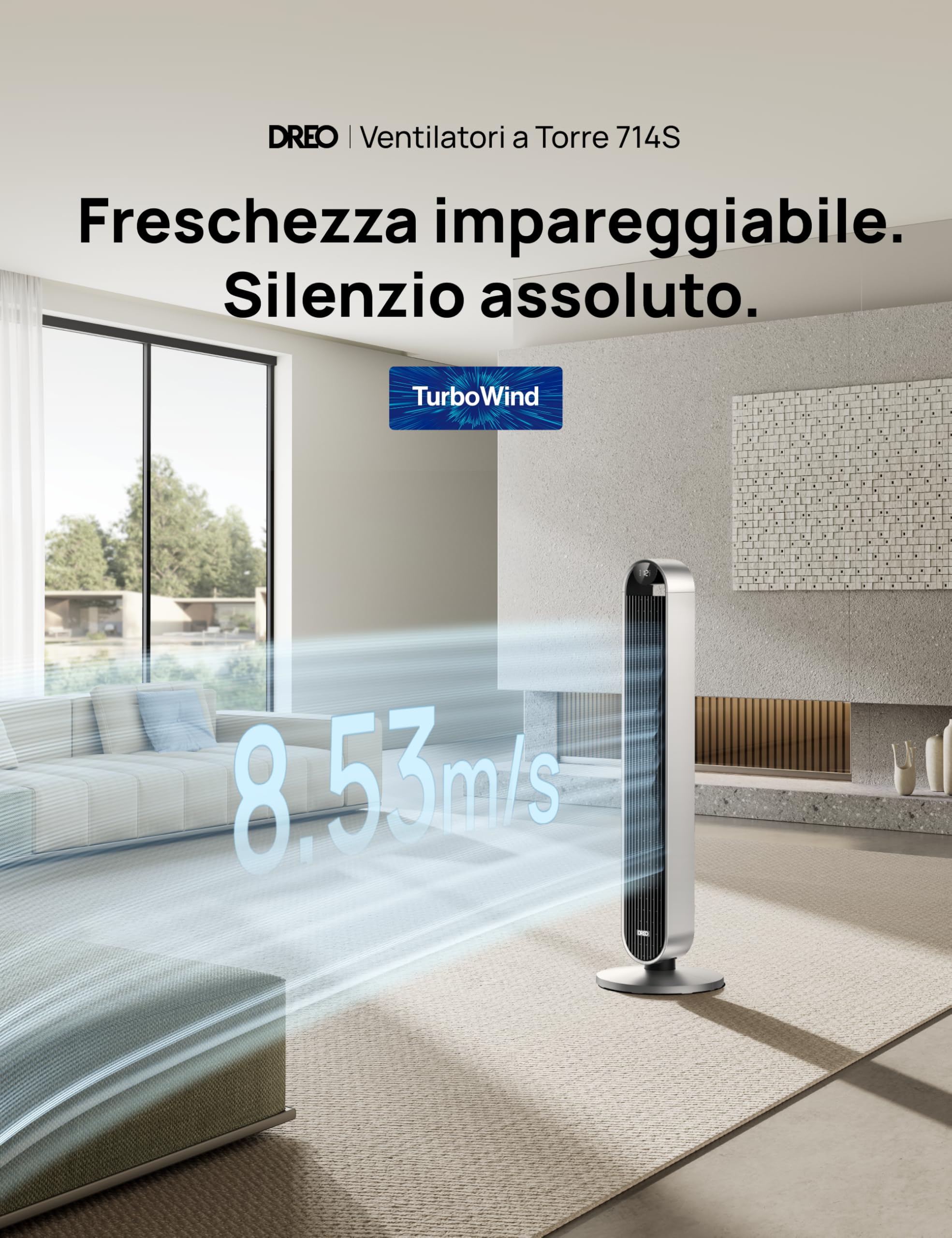 Dreo 25dB Ventilatore a Torre con Telecomando, 12 Velocità 4 Modalità di Ventilazione Con Timer 12 ore, oscillante a 120°, ventilatore di raffreddamento silenzioso con velocità di 8.53m/s, Potenza 36W