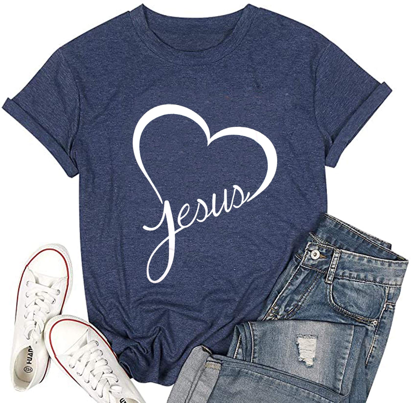 YUYUEYUEJesus Letter Printed T Shirt Women Love Jesus Christian Graphic T-Shirt Tees Top