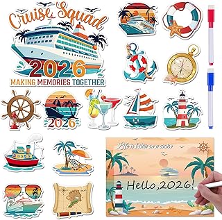 Cruise Door Decorations Magnetic - 15 Pcs Retro 2026 Nautical Cruise Door Magnets with 3 Pens Funny Sea Navigation Cruise Ship Cabin Magnets Stickers Decal for Party Carnival Refrigerator Decor