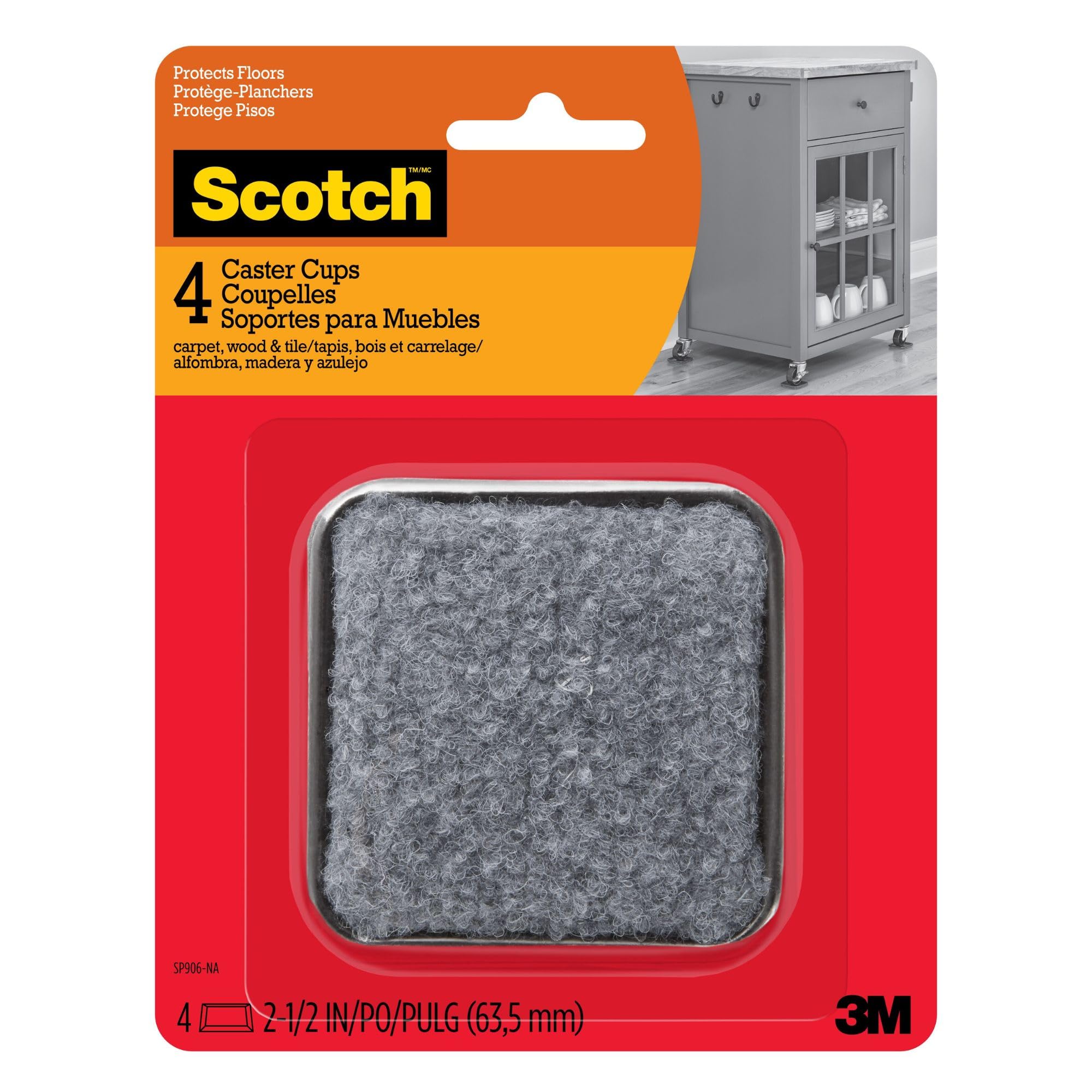 Tasses à roulettes Scotch 2-1/2 x 2-1/2 protège-sol gris x4