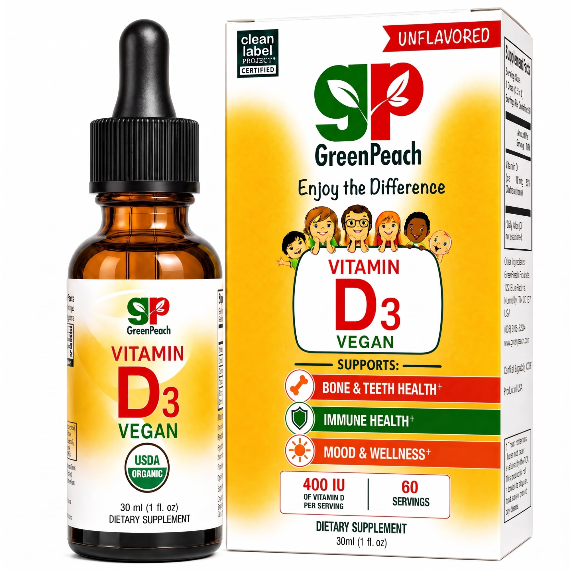 GreenPeach Organic Liquid Vitamin D3 Drops for Kids, Toddlers & Babies