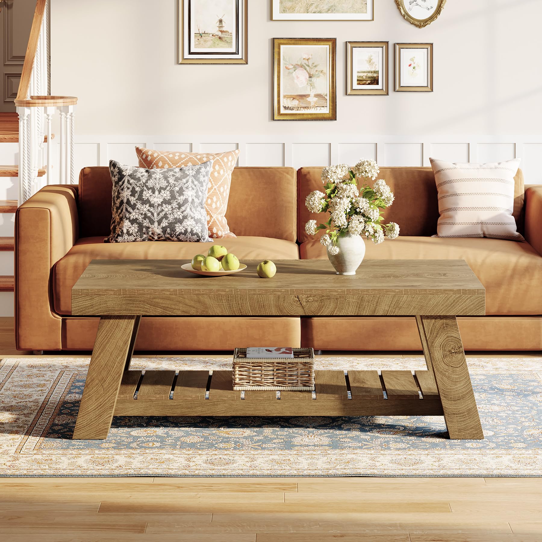 Tribesigns Mesa de Centro Rectangular, 120 cm Mesa Salon de Madera, Mesita de Café de Acento Rústica de 2 Niveles para Apartamento, Hogar