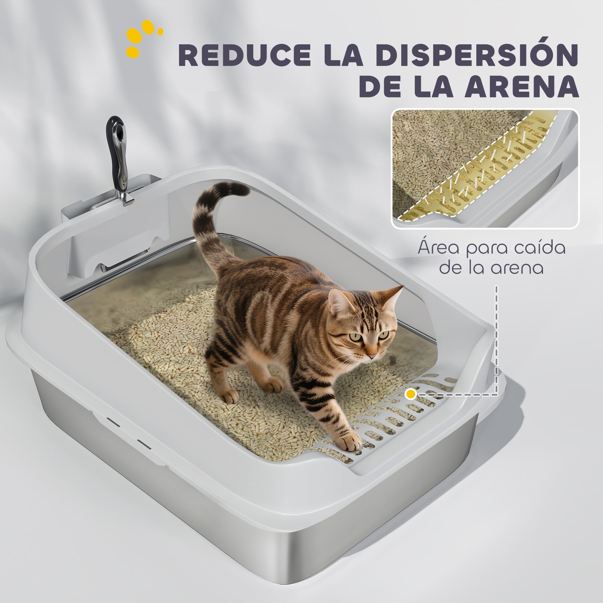 PawHut Arenero para Gatos de Acero Inoxidable XL, 60,2x40,2x29,7 cm, Gris | Caja de Arena para Gatos, Arenero con Borde Alto, Pala Metálica, Fácil de Limpiar, Prueba de Fugas
