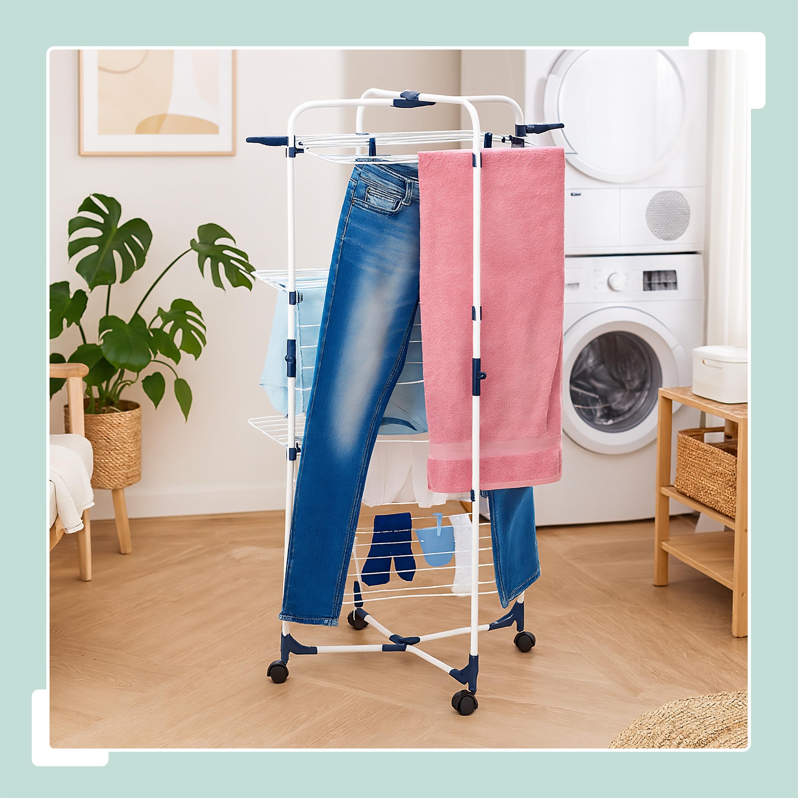 Relaxdays Tendedero Torre, Plegable, con Ruedas, 3 Niveles, 33 m de Secado, 135 x 70 x 70 cm, Tenderete, Blanco/Azul