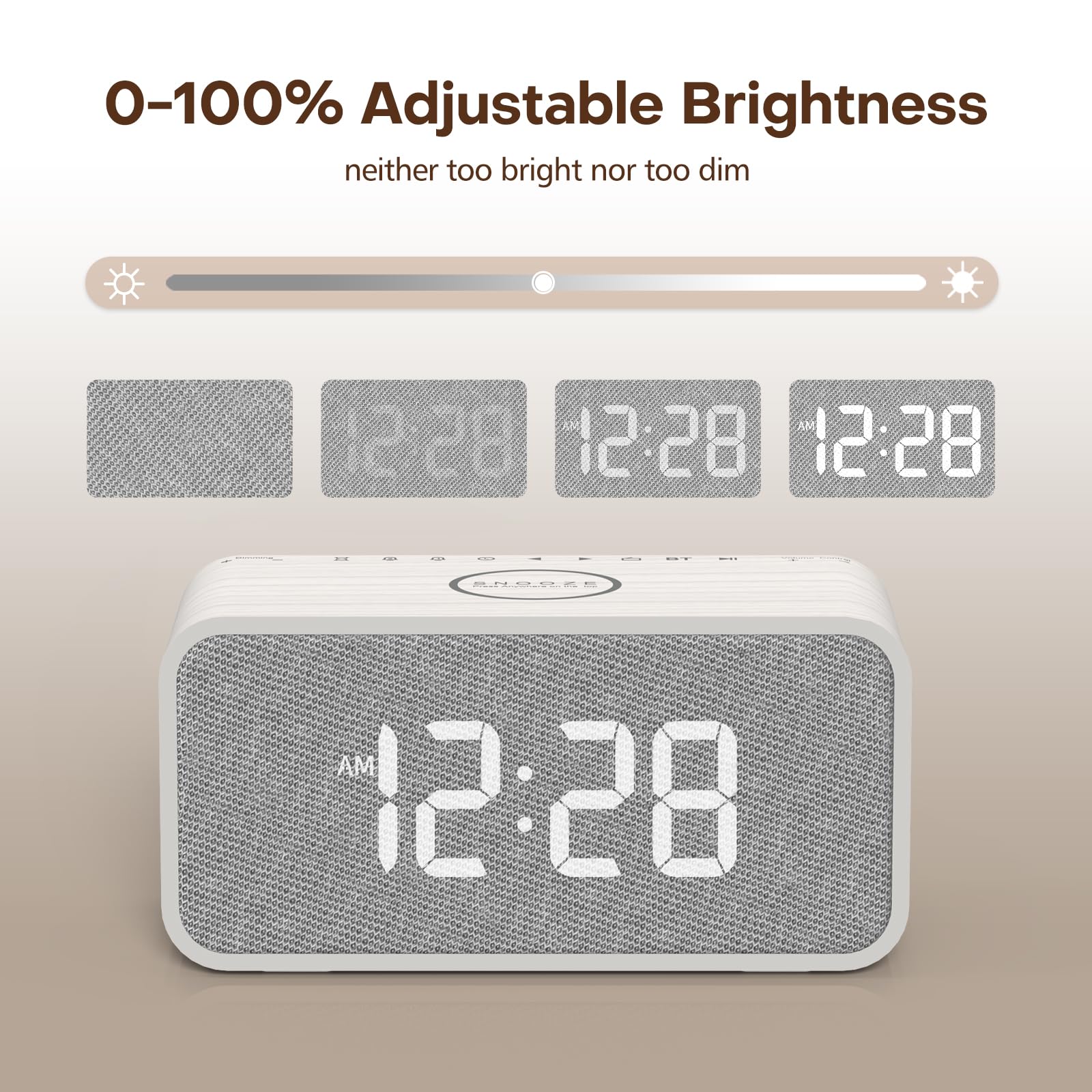 ANJANK Hölzerner Radiowecker mit Induktiver Ladestation, 10W Bluetooth-Lautsprecher, Kabellose Ladestation für iPhone/Samsung, Doppelalarm, 0-100% Dimmbares Display, Automatische Zeitsynchronisation