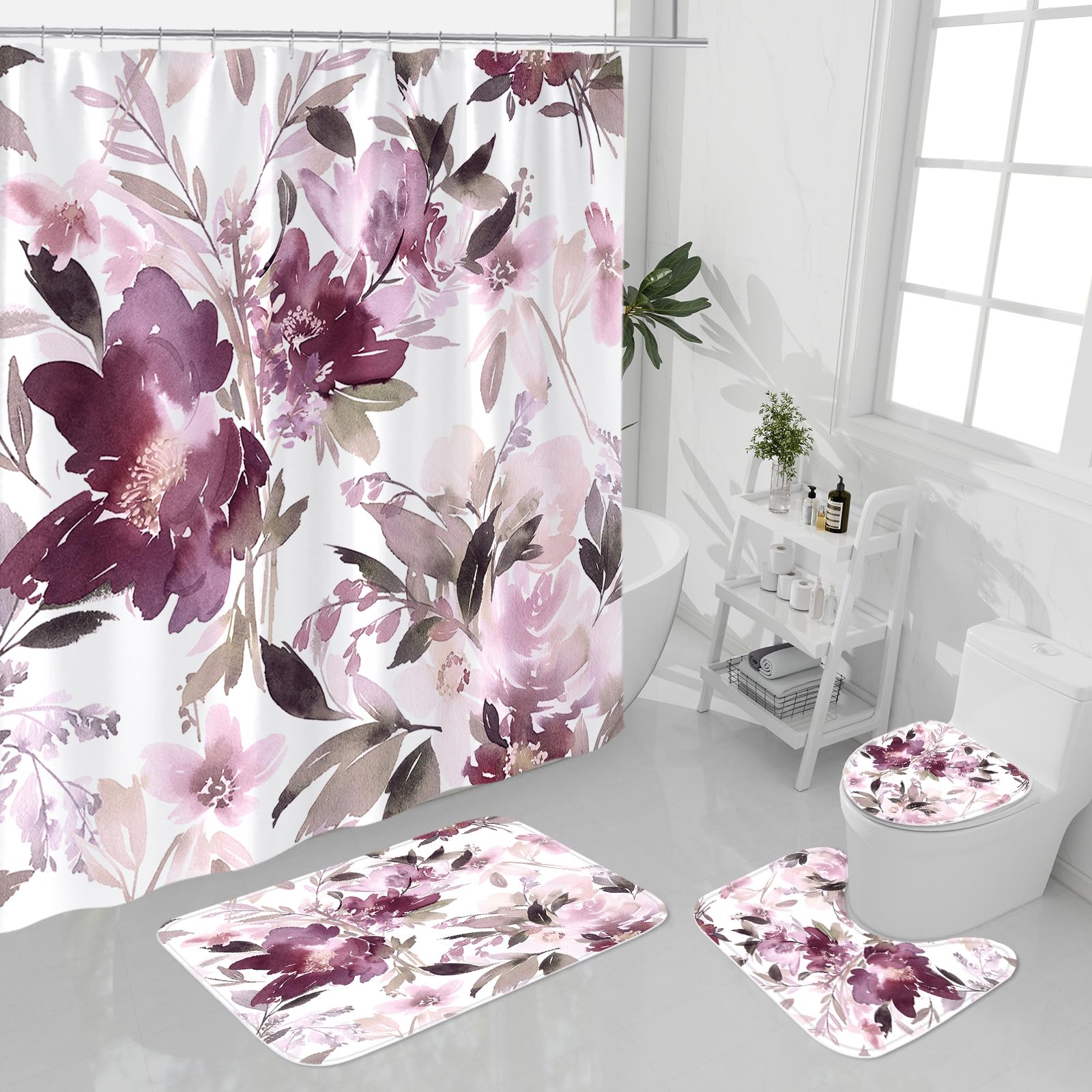 Litabel 4 Pcs Mauve Watercolor Floral Shower Curtain Sets with Rug, Toilet Lid Cover and Bath Mat, Botanical Flower Shower Curtains for Purple