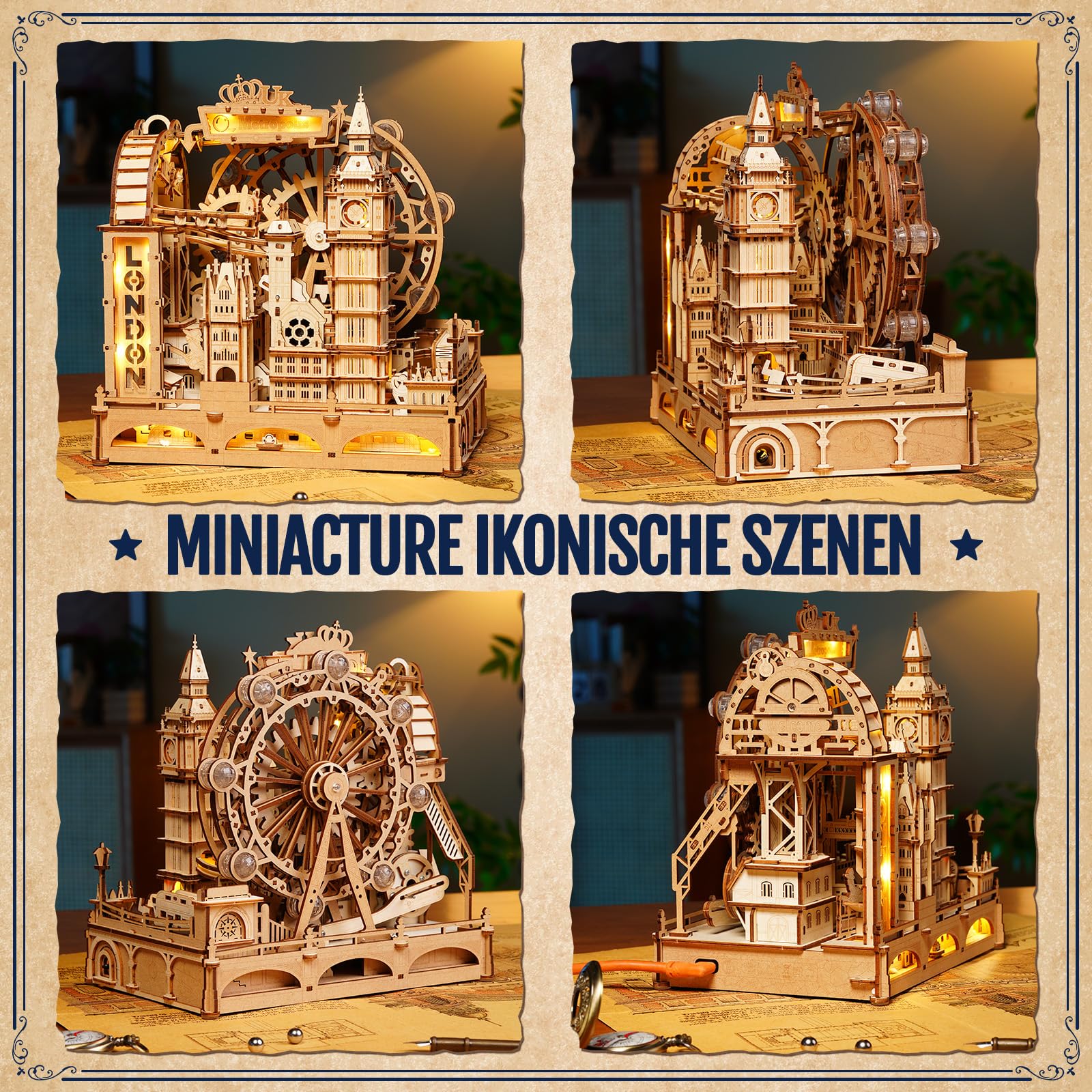 ROKR Marble Travel London EGB01 3D Puzzle Holz Murmelbahn Kugelbahn Modell für Erwachsene mit LED London Eye Big Ben Tower Bridge Bastelset Schreibtisch Dekoration Geschenk für Frauen Männer