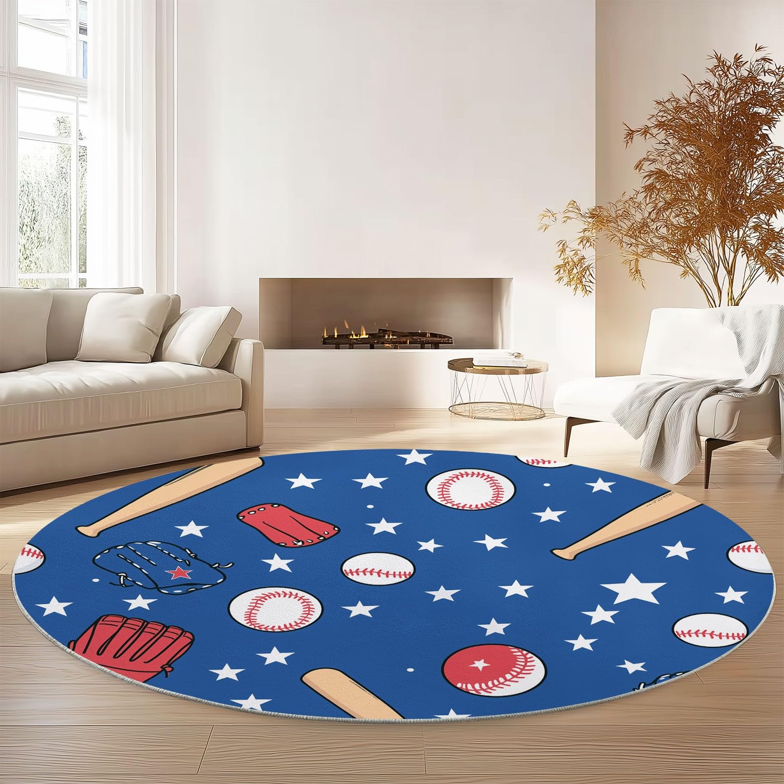 Tapis Rond 180 cm, Lavable & Antidérapant Doux à Poil Court, Motif Cartoon Baseball Étoiles Tapis pour Salon Chambre d'enfant d'amis Salle à Manger Bureau, Multicolore