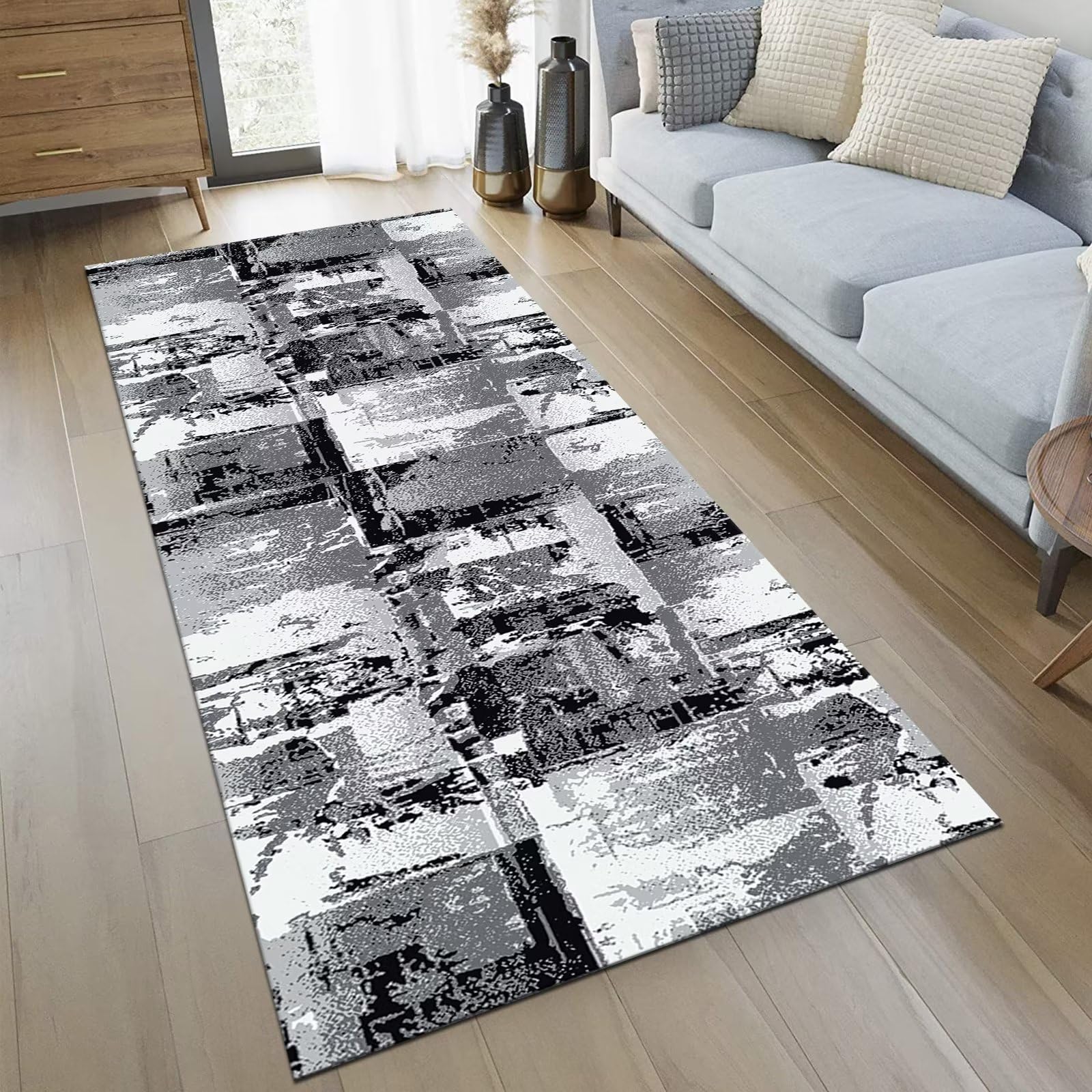 Tappeto Passatoia Corridoio 90x400 Cm - Antiscivolo, Lavabile, Nero Grigio, Poliestere - Foto 4