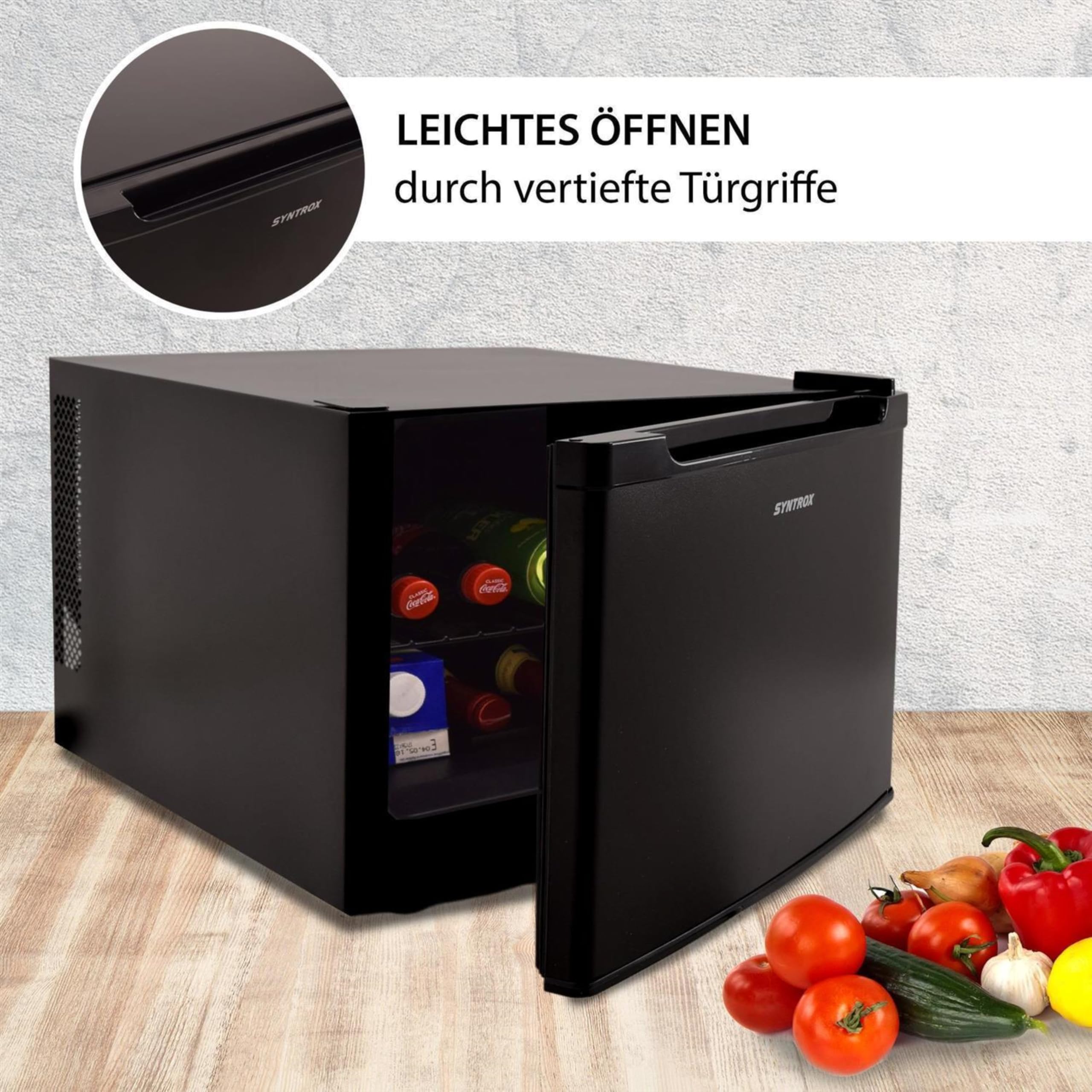 Syntrox Germany 35 l Kleiner Mini Kühlschrank schwarz Bundal | Barkühlschrank | Minibar, geräuscharm, kompakt, LED-Innenbeleuchtung, leicht zu reinigen