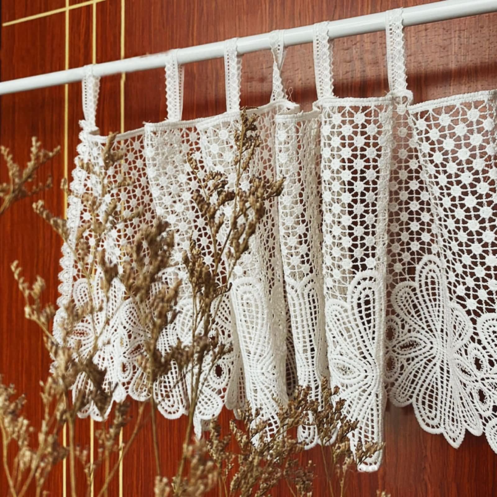 Kurze Gardinen 1 Stück Badezimmer Fenster,220 cm Breit,Tab Top | Einfarbig mit hohlem Blumenmuster,Leinen-Optik Polyester-Baumwolle,Lichtdurchlässig,Beige Weiß,220 x 28 CM