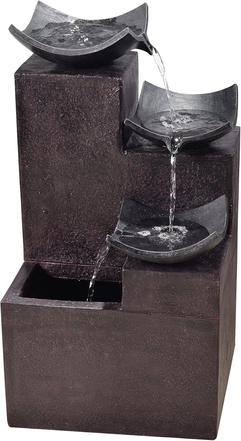 Teamson Home Modern Stone Look 4 Tiered Floor Waterfall Fountain with Pump for Outdoor Patio Garden Backyard Decking, 29 Inch Height, Black