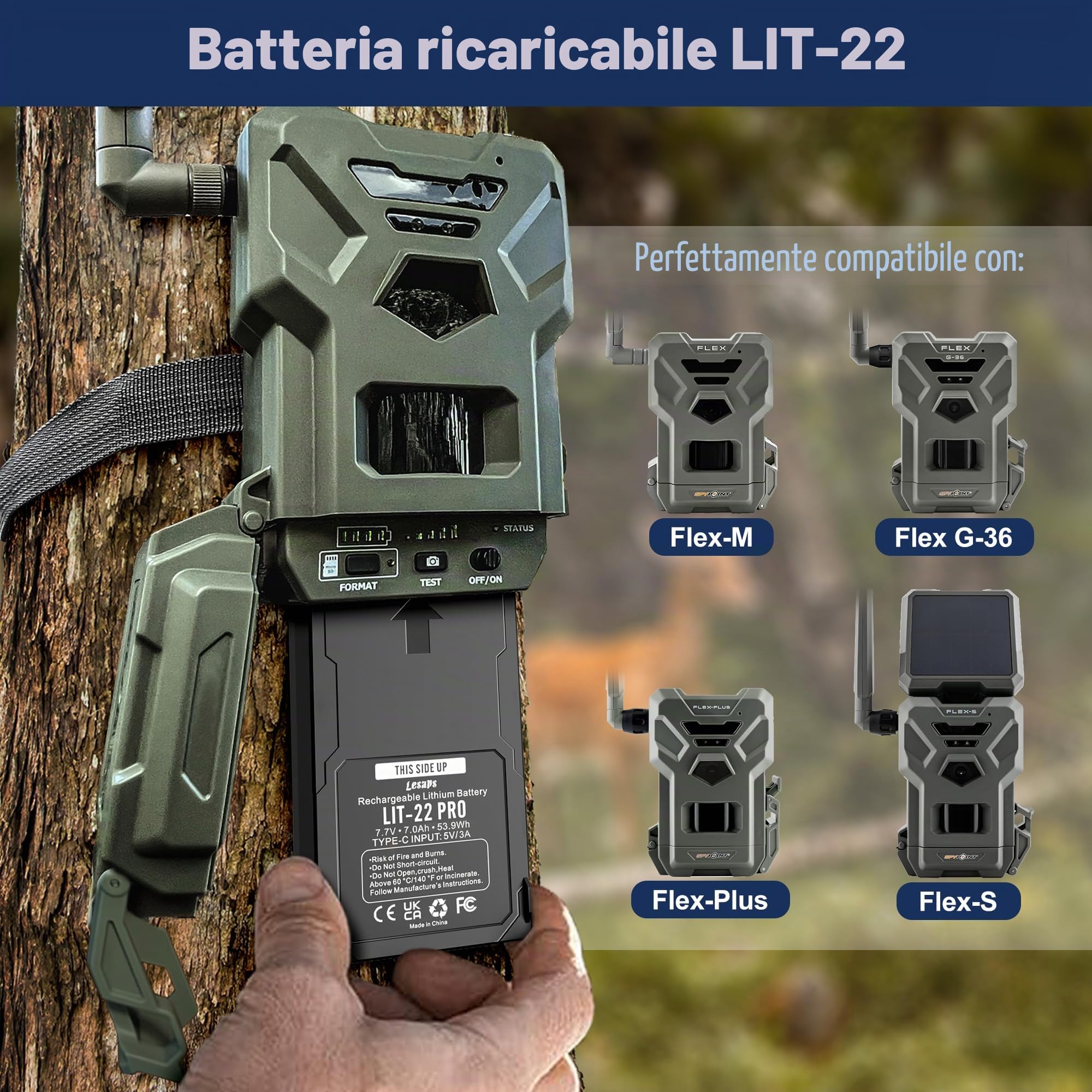 Confezione da 2 batterie LIT-22 da 7000 mAh ricaricabili al litio per fotocamera SPYPOINT Trail, compatibile con fotocamere cellulari Flex-M, Flex G-36, Flex-Plus, Flex-S (include cavo di tipo C)