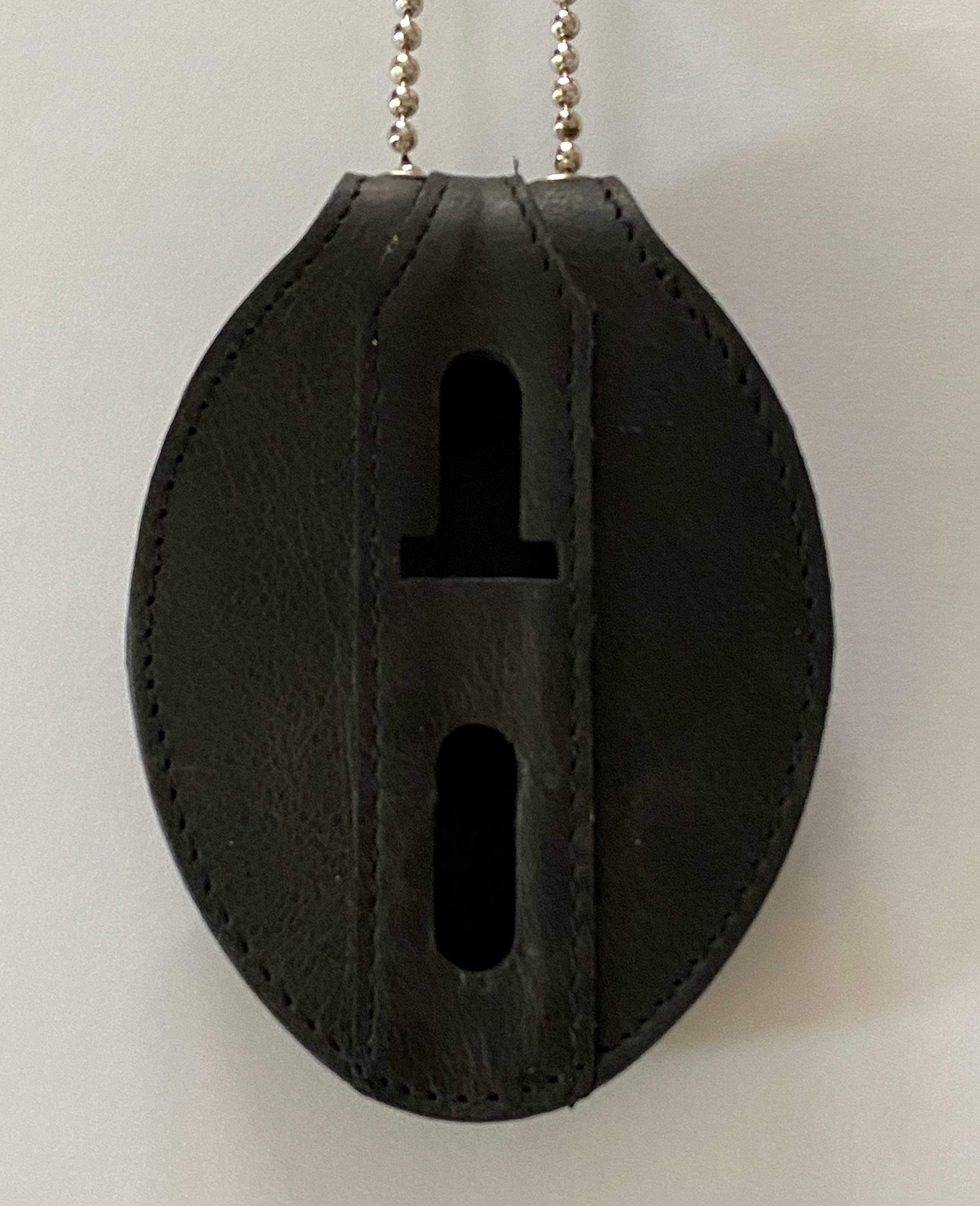 Black Full Grain Leather Oval Police Badge Holder Belt Clip Optional