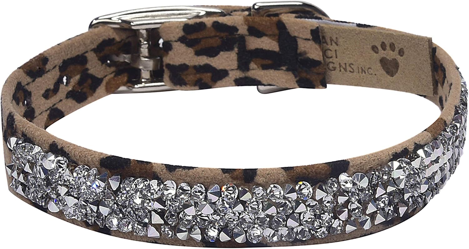 Susan Lanci Designs Ultrasuede Premium Dog Collar with Crystal Rocks, Cheetah, Medium