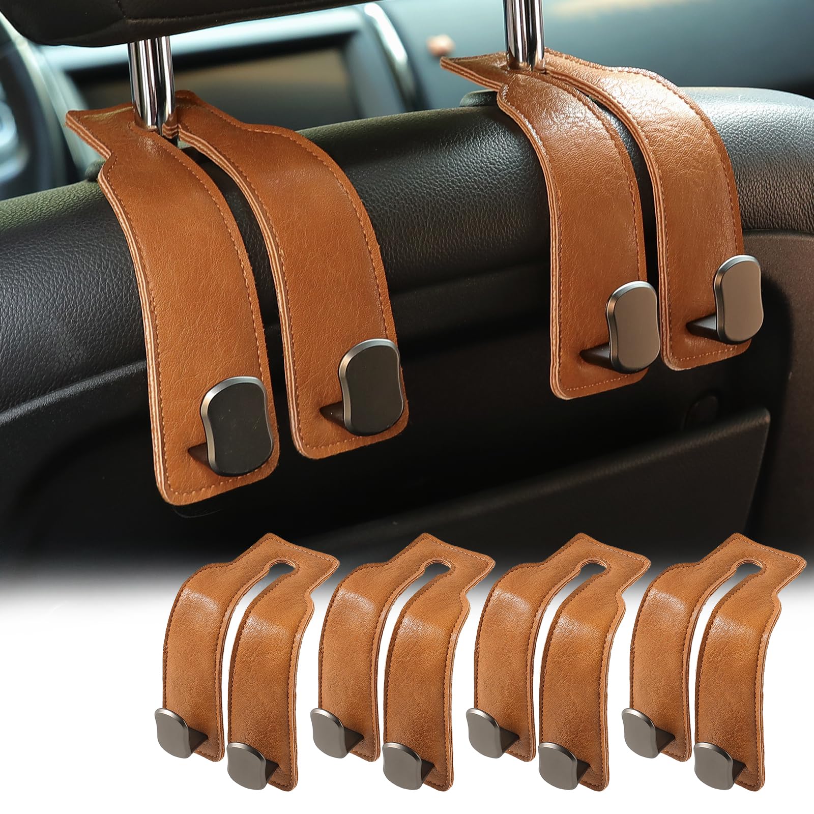 KINIVA Car Seat Headrest Storage Hooks, Set of 2, Suede PU Leather, Double Hooks (06-Brown 4 Pack)