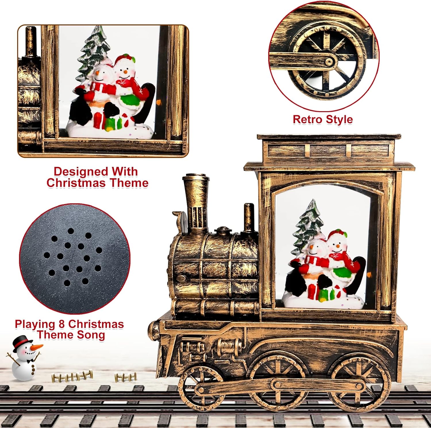 TURNMEON Musical Lighted Christmas Train Snow Globe Lantern Decor, Snowman 8 Songs Timer USB or Battery Operated Xmas Water Lantern Glittering Snow Globe Christmas Decoration Home Indoor Birthday Gift