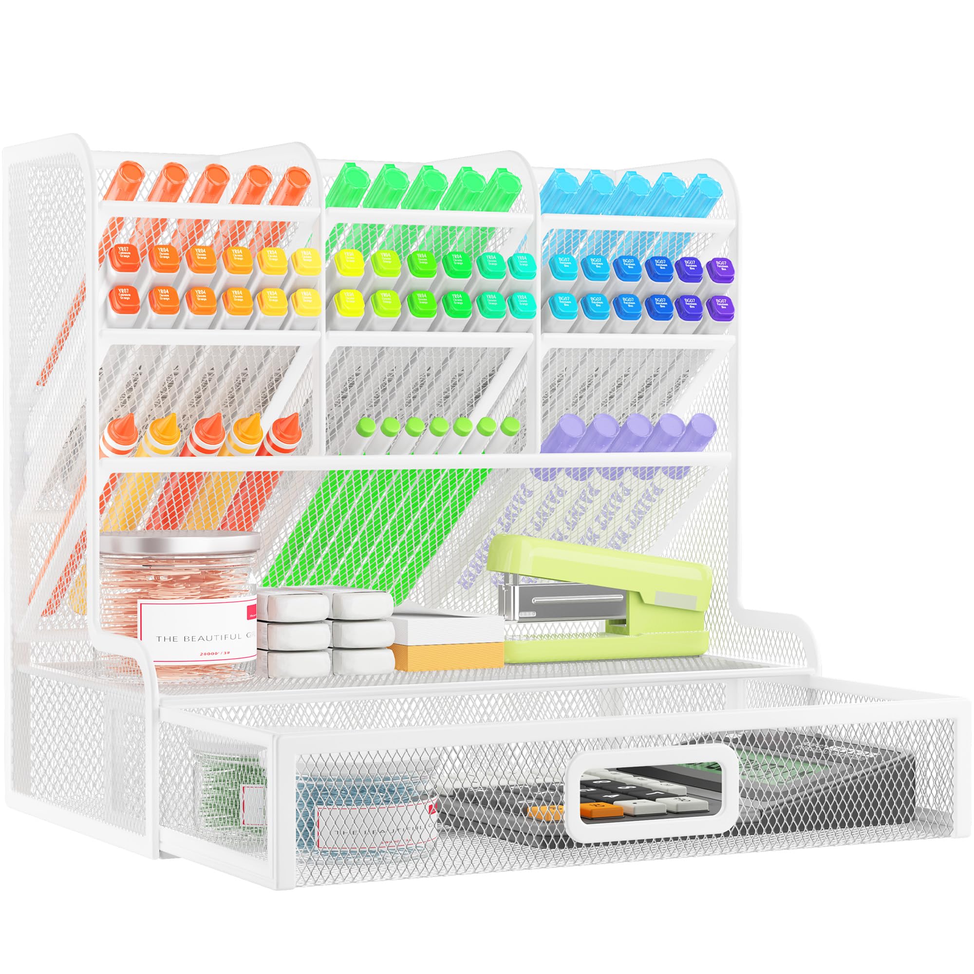 VITVITI Organiseur de Bureau à 4 Niveaux avec Tiroir, 10 Compartiments Porte-stylos pour le Rangement du Bureau - Blanc