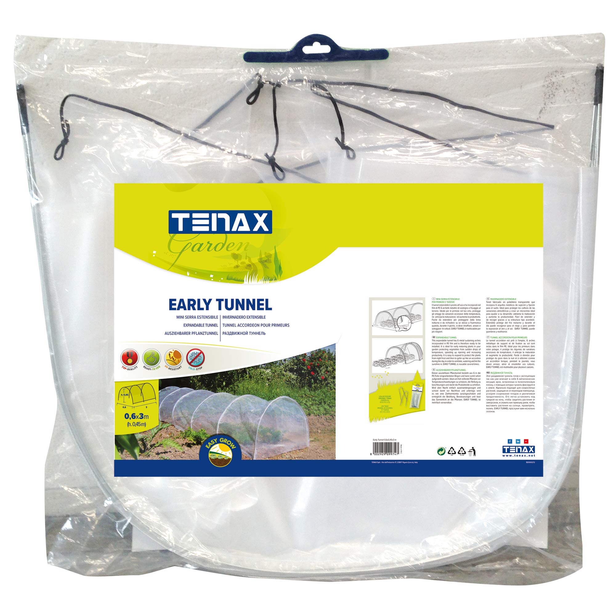 TENAX Early Tunnel, Mini Serra per Orto, 0,60x0,45x3 m, Tunnel Estensibile con Film Protettivo Trasparente e Archetti Metallici