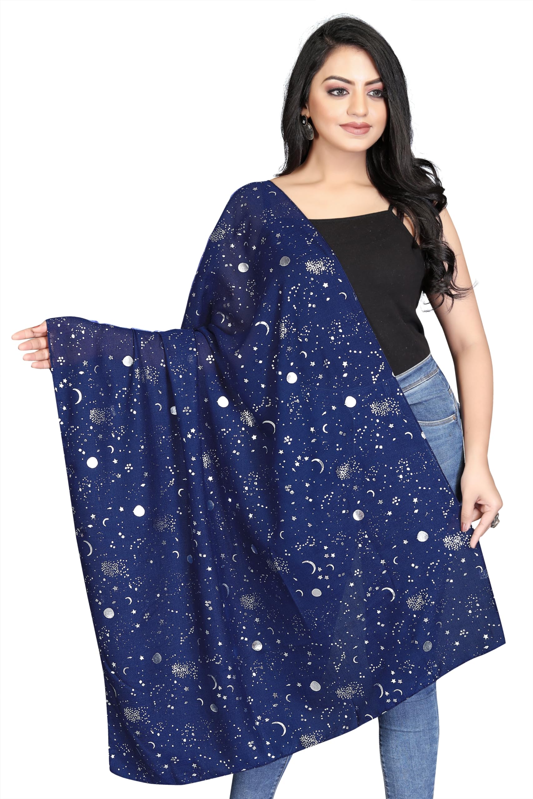 Star Sparkle Scarves for Women's Lightweight Shawl Wedding Foil Print Scarf Wrap Stars and Moons (Navy Blue)