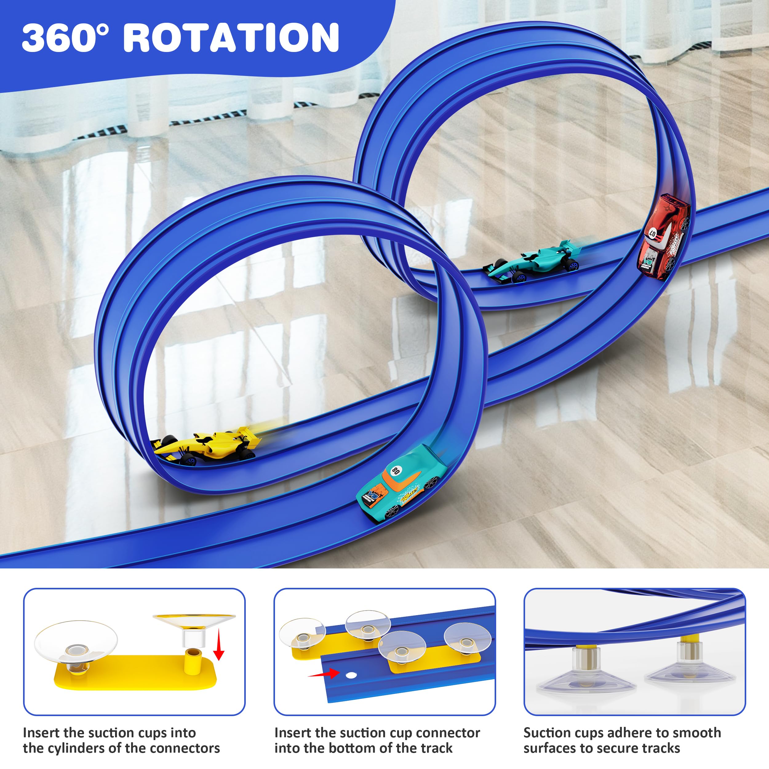 Rampa flexible de 16 pies para niños de juguete con ventosas, compatible con autos fundidos a presión 1/64, carreras, portátil, regalos de fiesta para niños de 3 a 10 años (azul carrera) 2