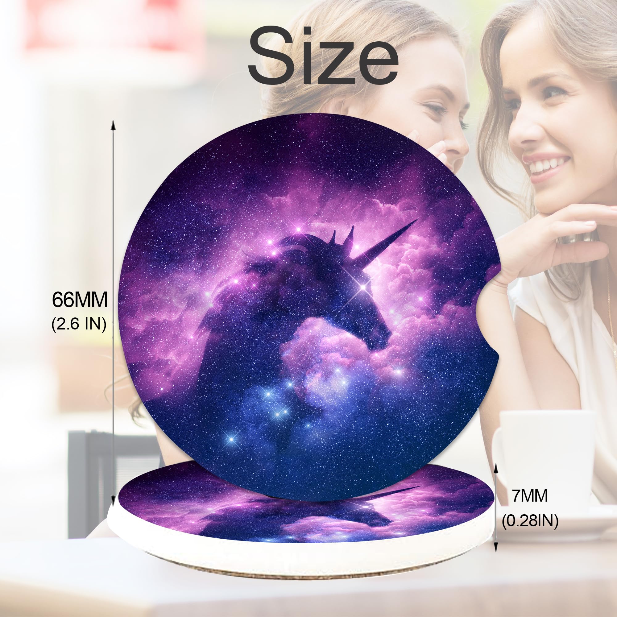 Unicorn Car Cup Coasters, 2 Pack Non-Slip Absorbent Ceramic Coasters with Finger Notch & Cork Base, Cute Car Accessories Gifts