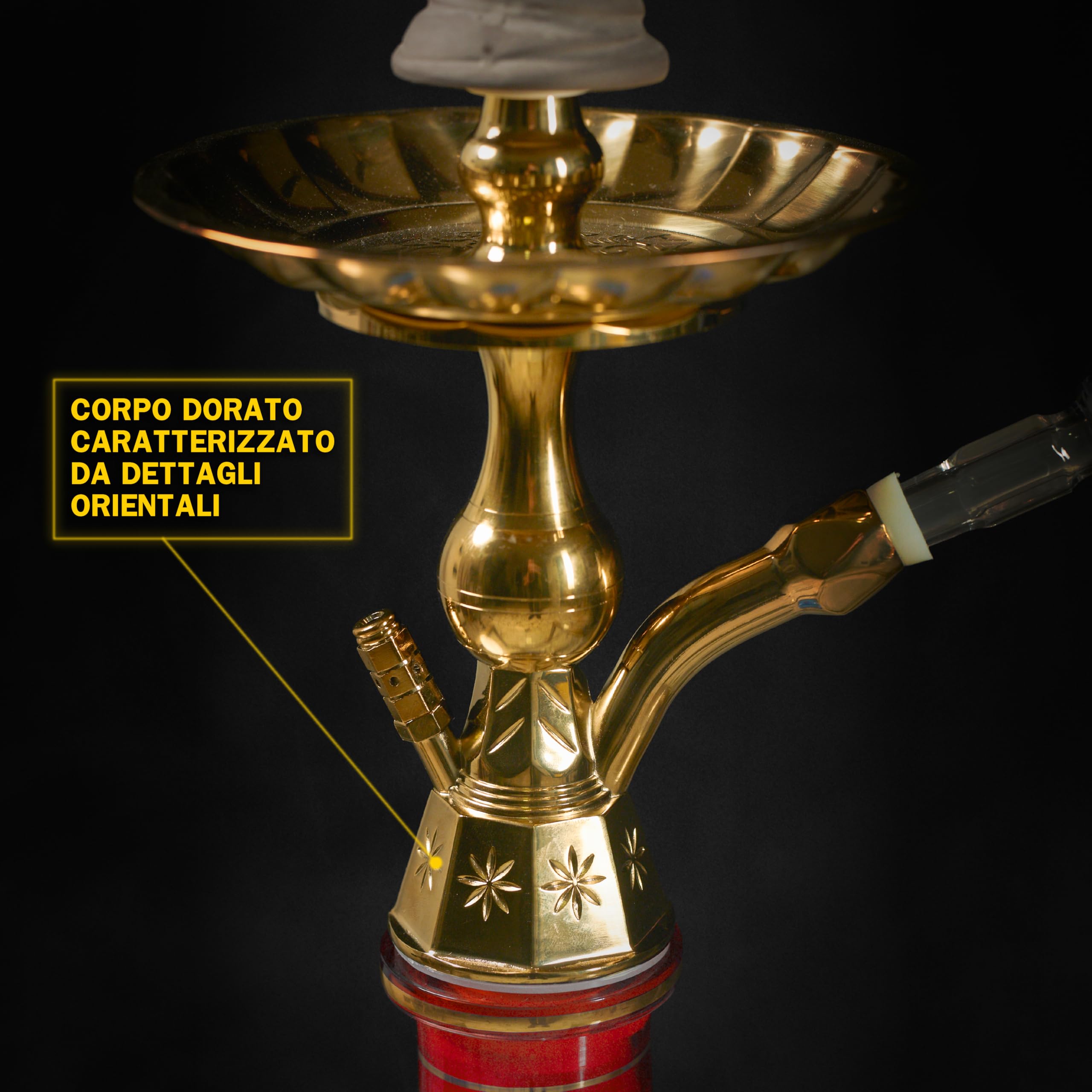Dark Shisha Cachimba Tradicional Roja 44,5 cm | Aluminio con Base de Vidrio | Set Completo con Manguera, Cazoleta con Chimenea, Pinzas + 50 Boquillas Higiénicas de Colores