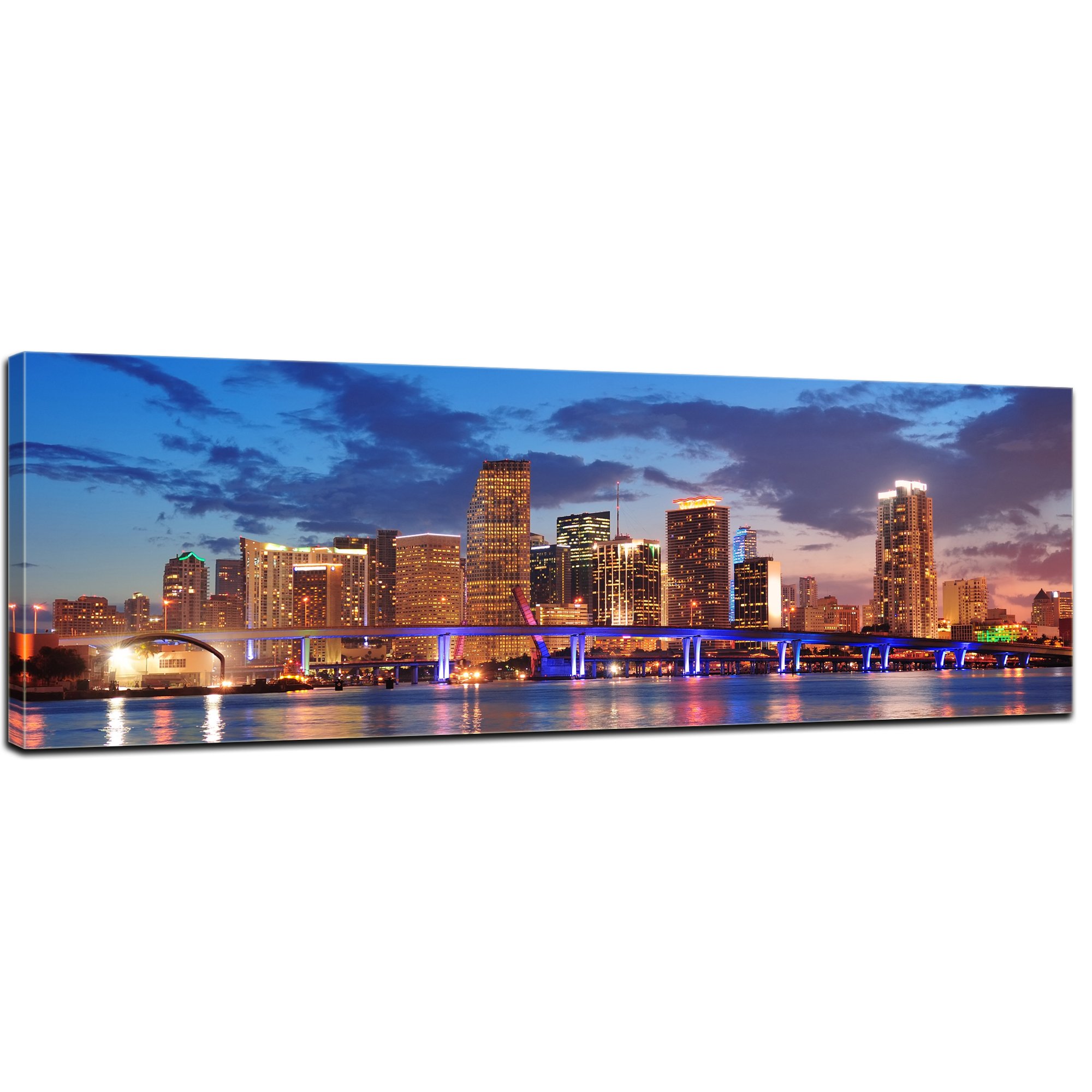 Bilderdepot24 Bild auf Leinwand | Skyline von Miami South Beach - Florida I in 120x40 cm als Panorama Wandbild XXL | Wand-deko Dekoration Wohnung modern Bilder | 171029