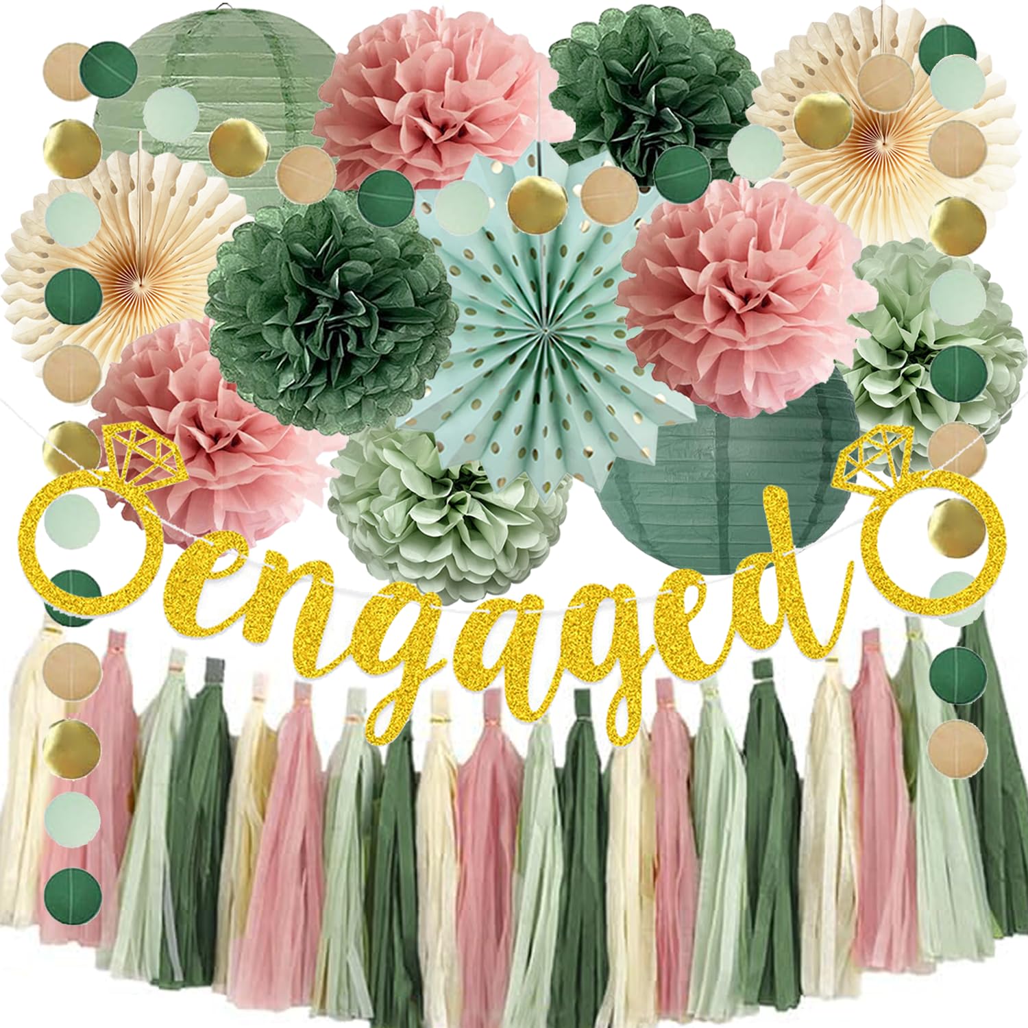 Engagement Party Decorations Olive Sage Green and Dusty Pink Engaged Party Decoration Tissue Pom Poms Paper Fans Tassel Garlands for Sage Green Dusty Rose Bridal Shower Engagement Married Decorations
