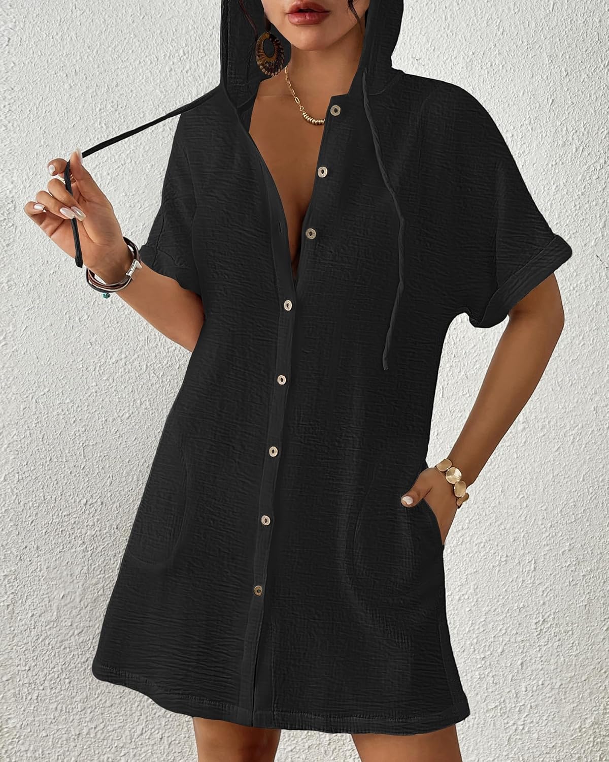 Bsubseach Womens Swimsuit Cover Up Shirt Button Down Short Sleeve Bathingsuit Coverups Hooded Beach Coverup With Pockets - Image 2