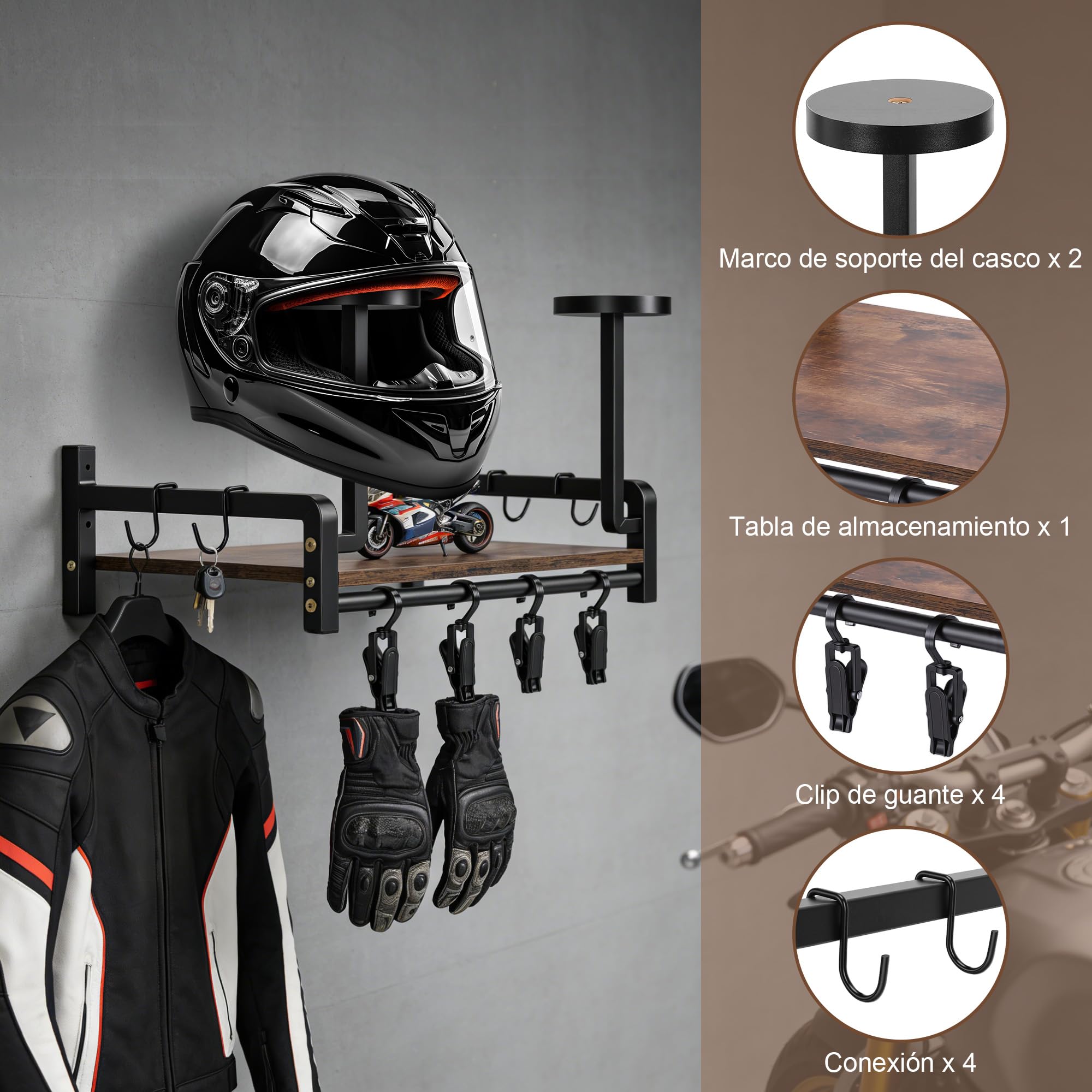 Soporte para Casco de Motocicleta, Soporte de Pared, Estante de Exhibición Rústico para Casco con Ganchos, Estante de Almacenamiento, Abrazadera para para Almacenamiento de (color nuez)