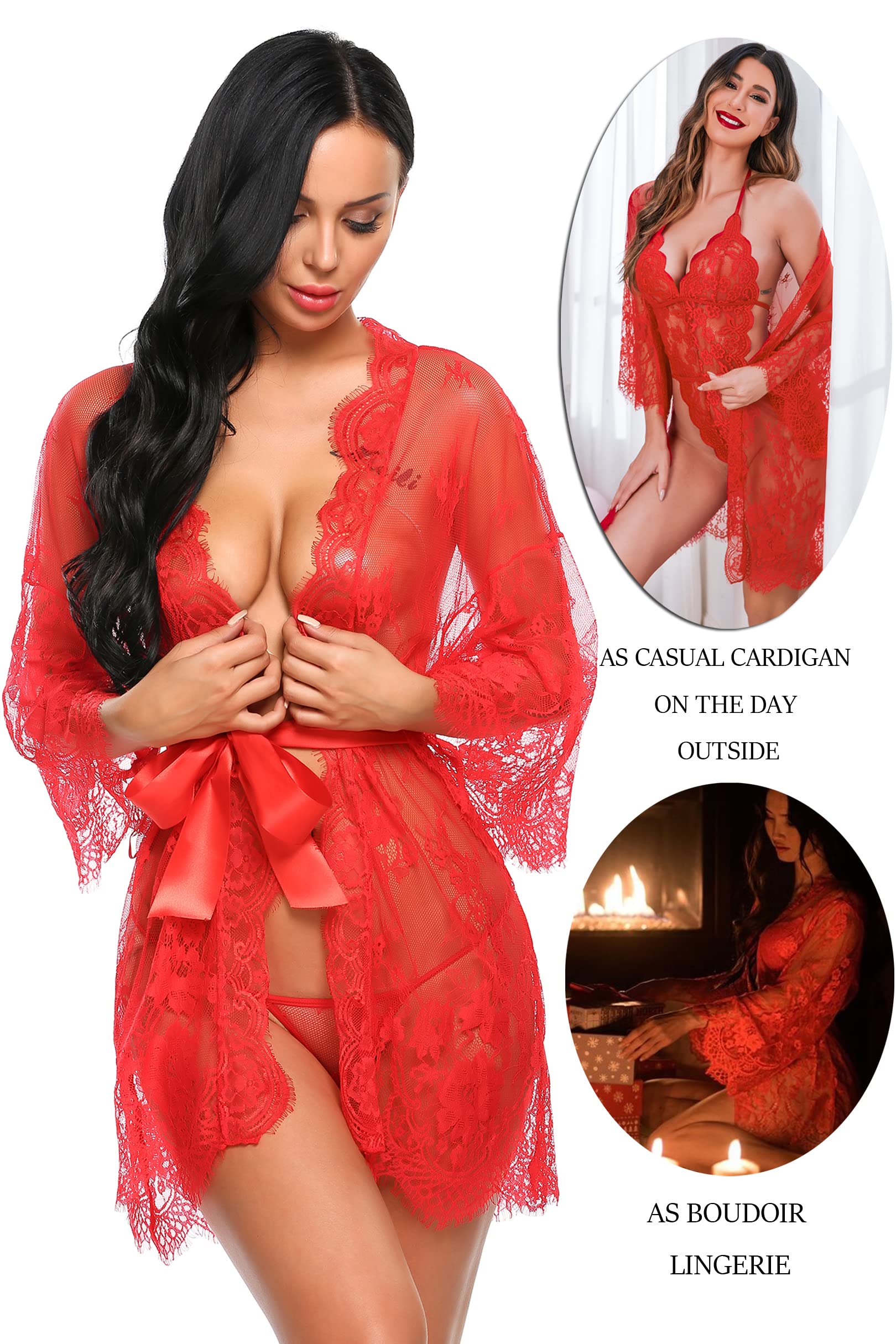 Avidlove Women's Lace Kimono Robe Babydoll Lingerie Mesh Nightgown S-5XL: Red Small
