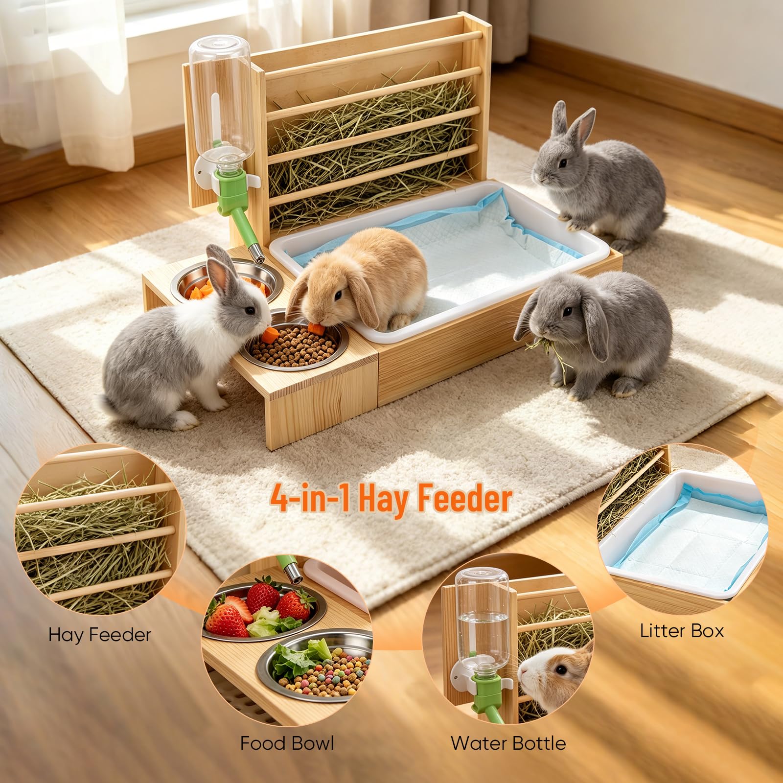 Râtelier à Foin 4-en-1 pour Lapins, Station d'alimentation | Distributeur foin amovible pour cochons d'Inde avec bac à litière, 2 gamelles et biberon Mangeoire bois pour petits animaux