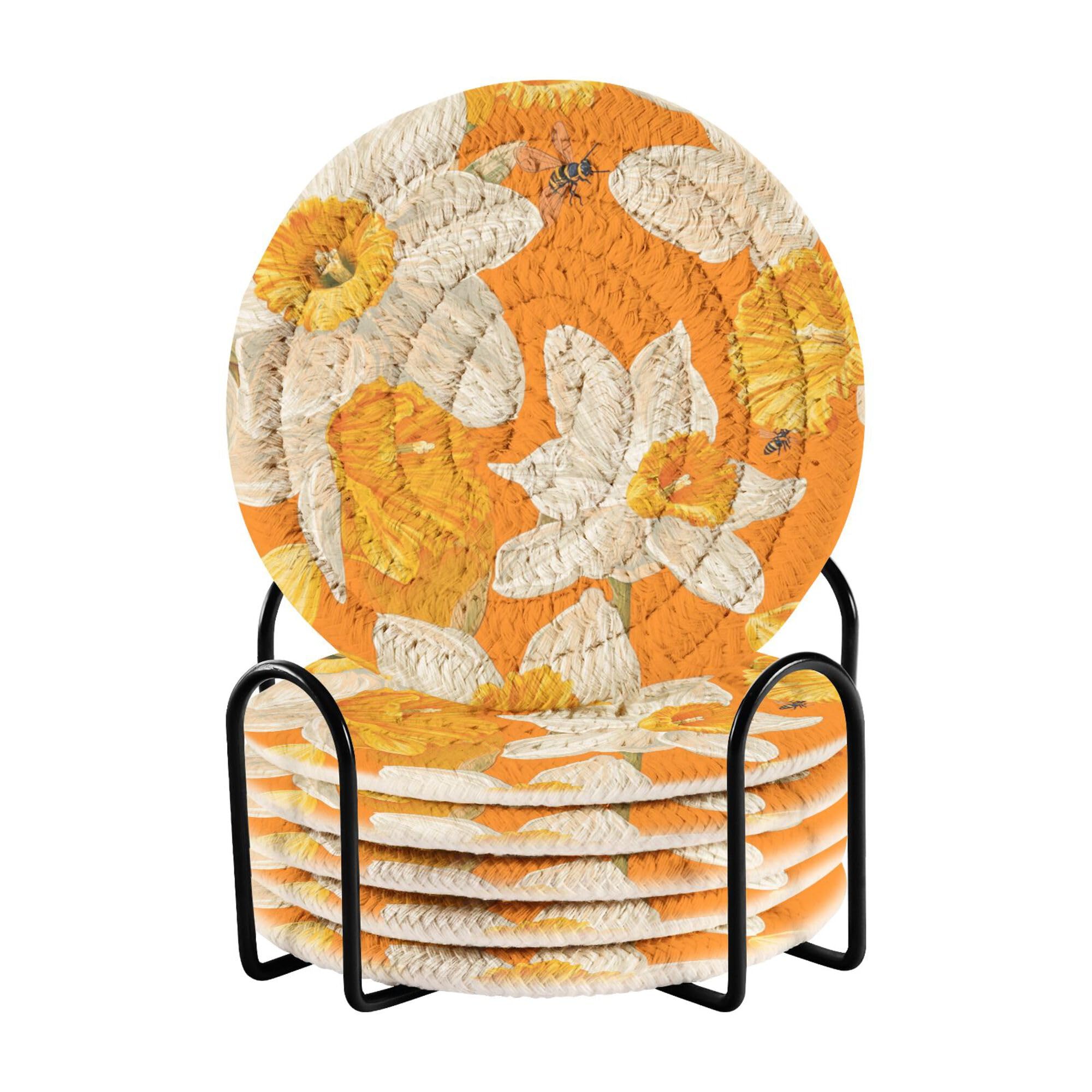 Sweet Daffodils Orange Cotton Rope Drink Coasters Set Set with Holder 6 Pack Home Coasters