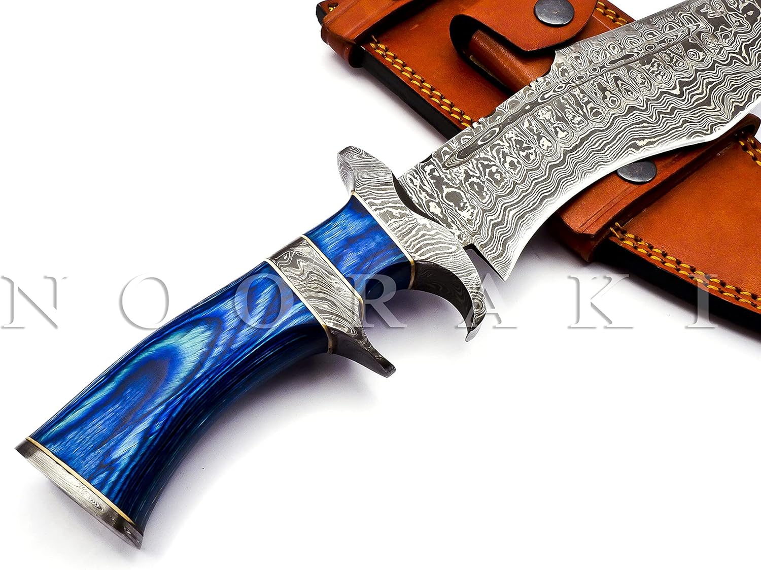NOORAKI - 15″ Damascus Bowie Knife with Sheath | Hand Made Hunting Knife - Fixed Blade Long Bowie Knives - Ideal for Survival ,Chopping, Camping, Outdoor Gift for Men |Tactical Knife Wood Handle (Blue)