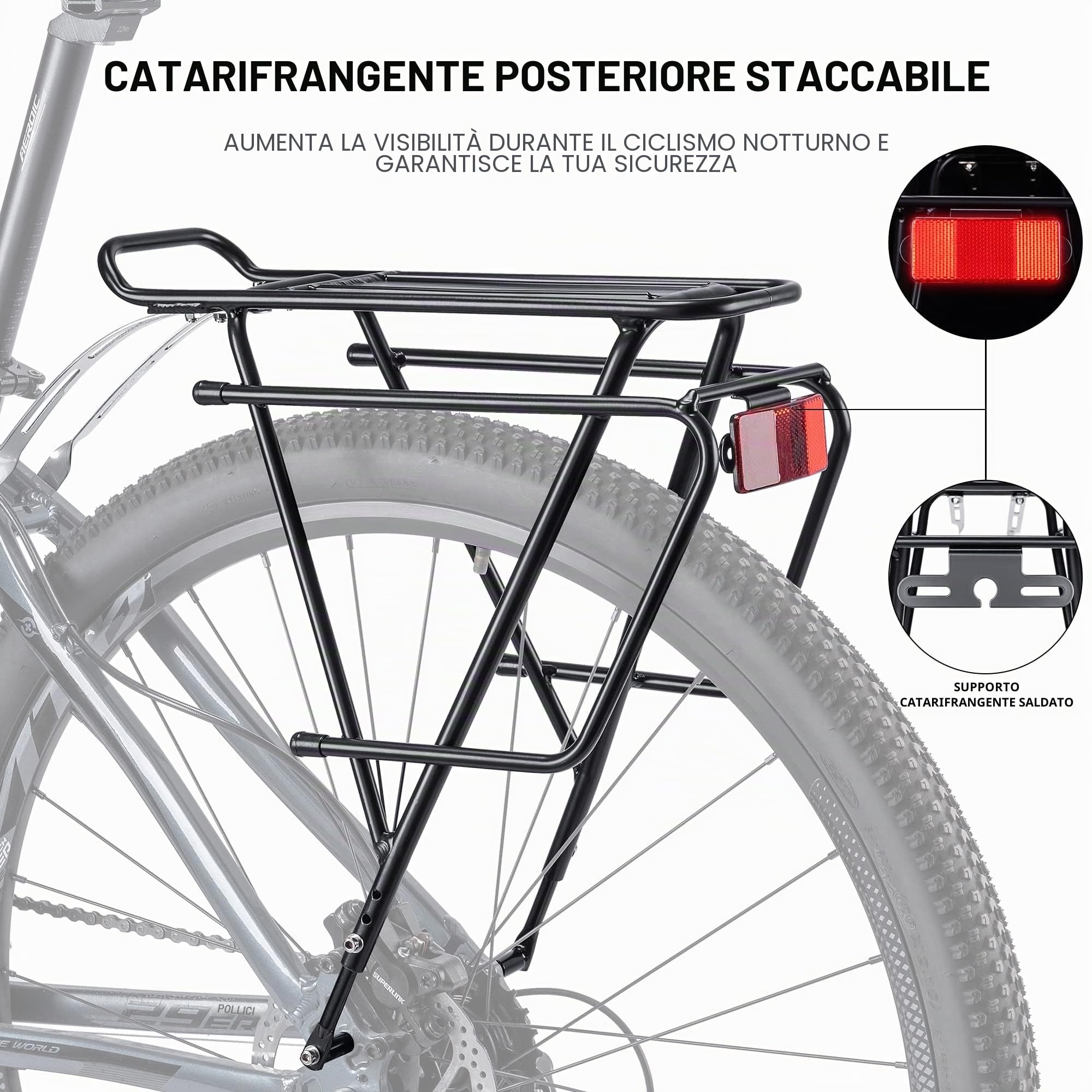 Kadacha, Portatutto, Portapacchi per Bicicletta, per Freni a Disco/Non-Freni a Disco, Portapacchi per Bici da Touring, Adatto per 26 – 29 Pollici, con Riflettore e Carico Massimo 27 kg