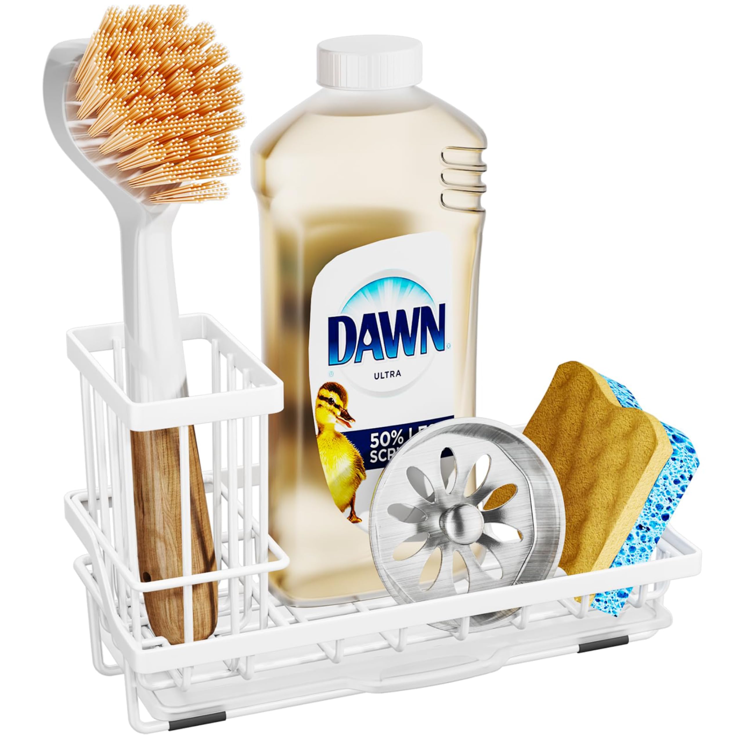 SWTYMIKISink Caddy Sponge Holder - Kitchen Sink Organizer with High Brush Holder for Countertop to Hold Dish Soaps and Sponges, Stainless Steel, White