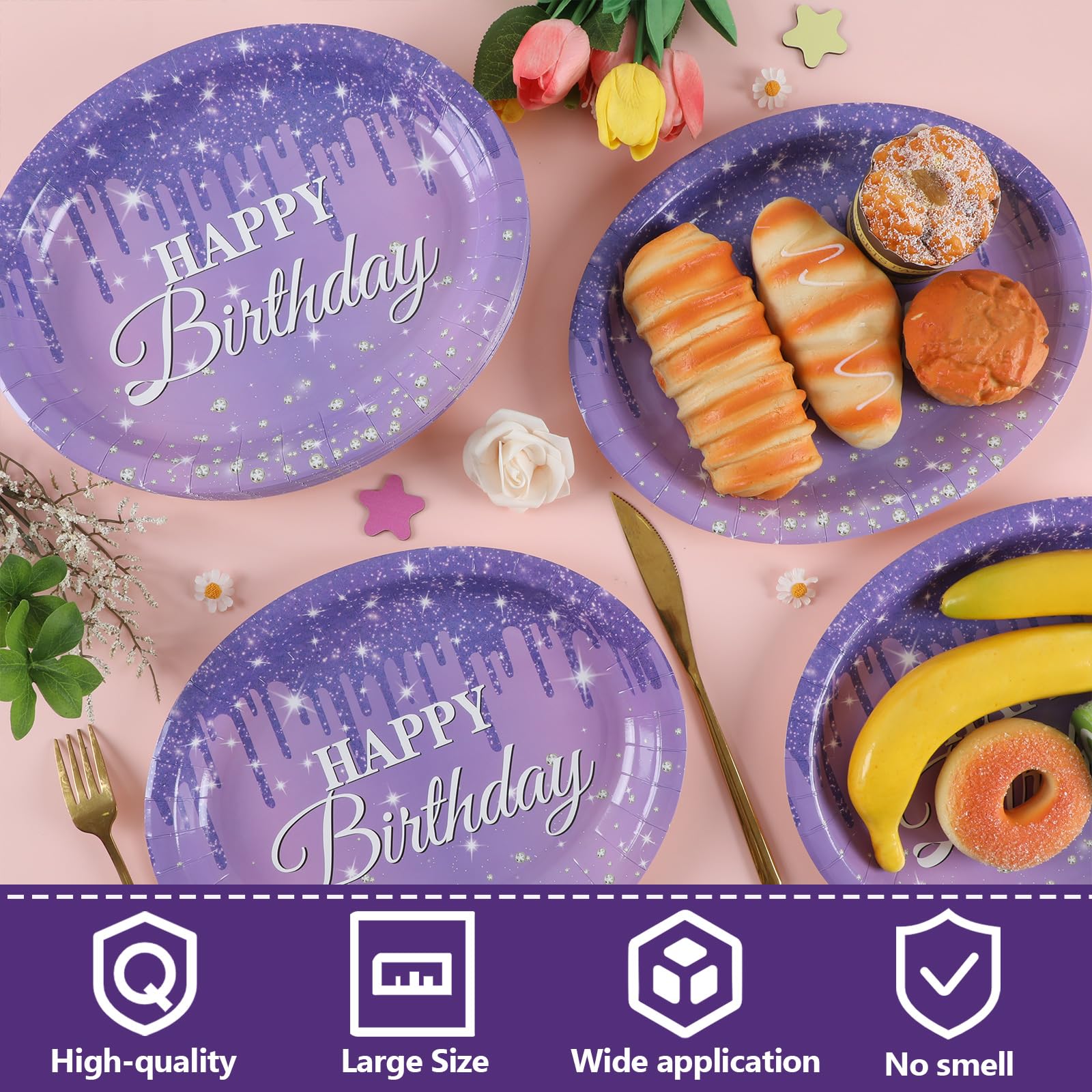 50 platos de papel ovalados de cumpleaños morados y plateados de 11 pulgadas, platos grandes de diamantes con purpurina, decoración de fiesta de cumpleaños, bandeja resistente para niñas y mujeres