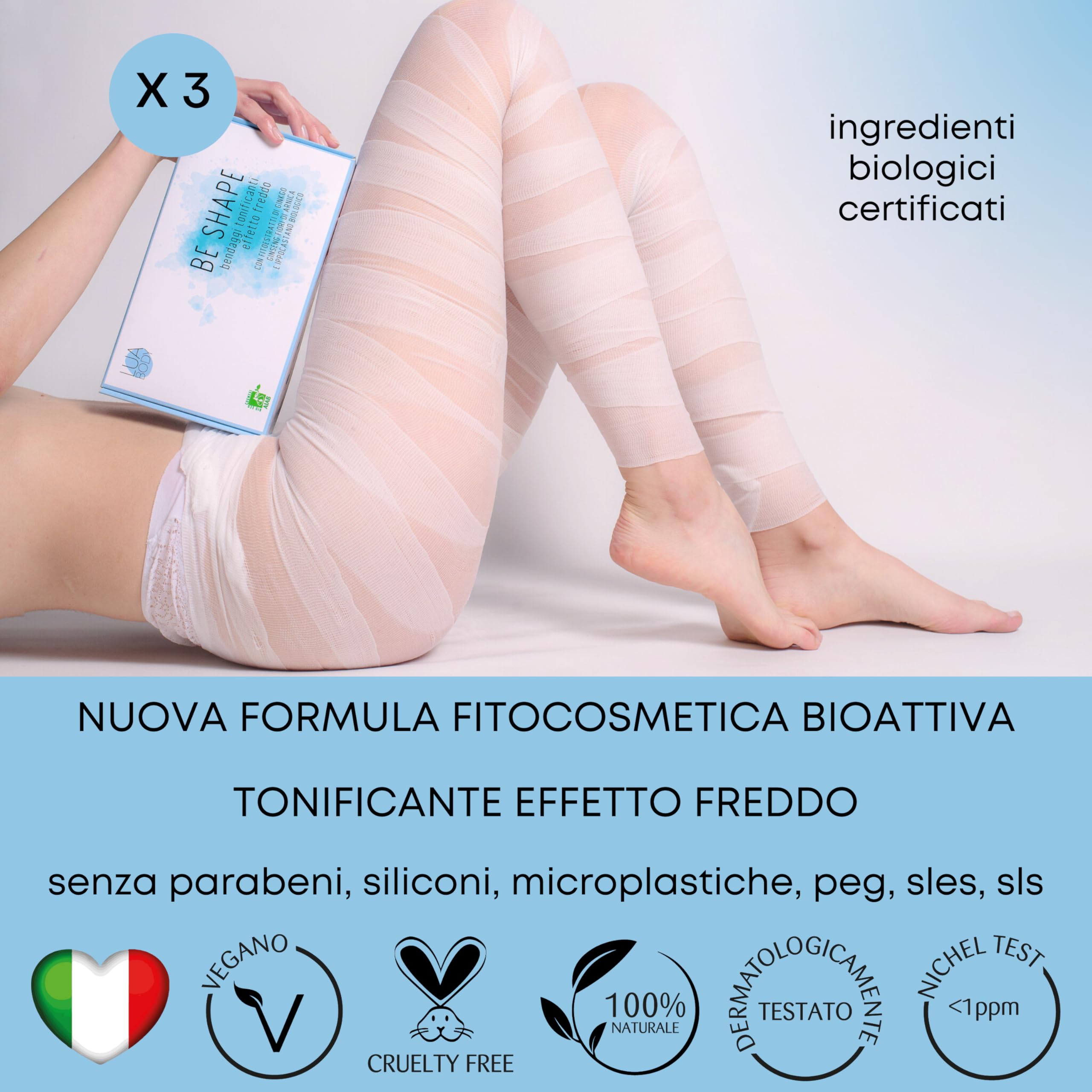 Kit 3 Bende Anticellulite, Drenanti - Trattamento Effetto Freddo Tonificante e Defaticante BIOLOGICO - 3 Bendaggi Estetici Professionali Rassodanti per Gambe, Pancia e Fianchi (Kit 3 Bendaggi)