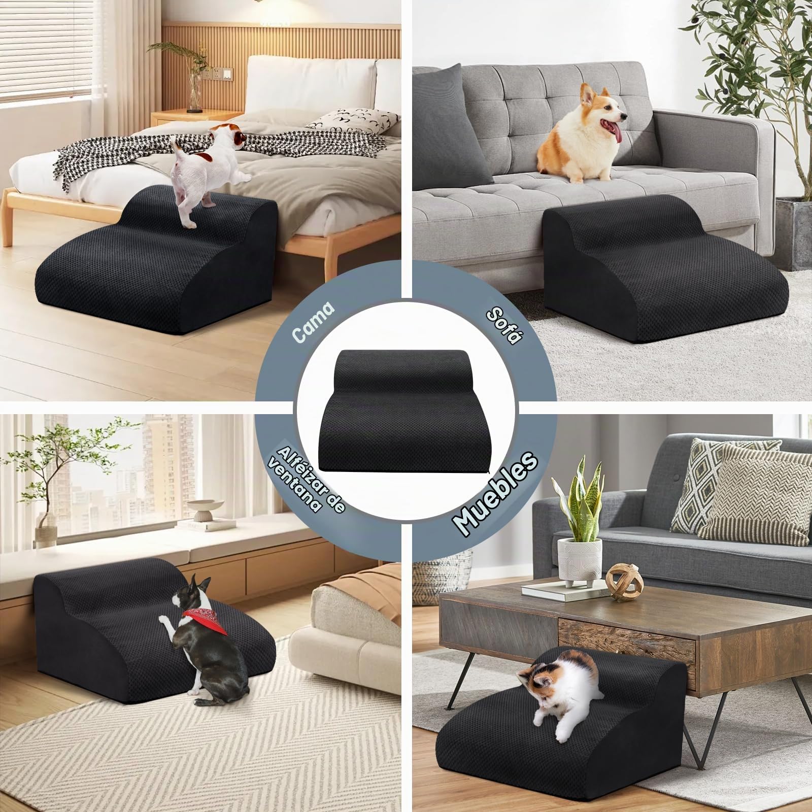 Escaleras para Perros de 2 Peldaños, Rampa para Mascotas de Espuma de Alta Densidad, Escaleras para Mascotas con Cubierta de Felpa Extraíble y Lavable, para Sofá o Cama, Negro