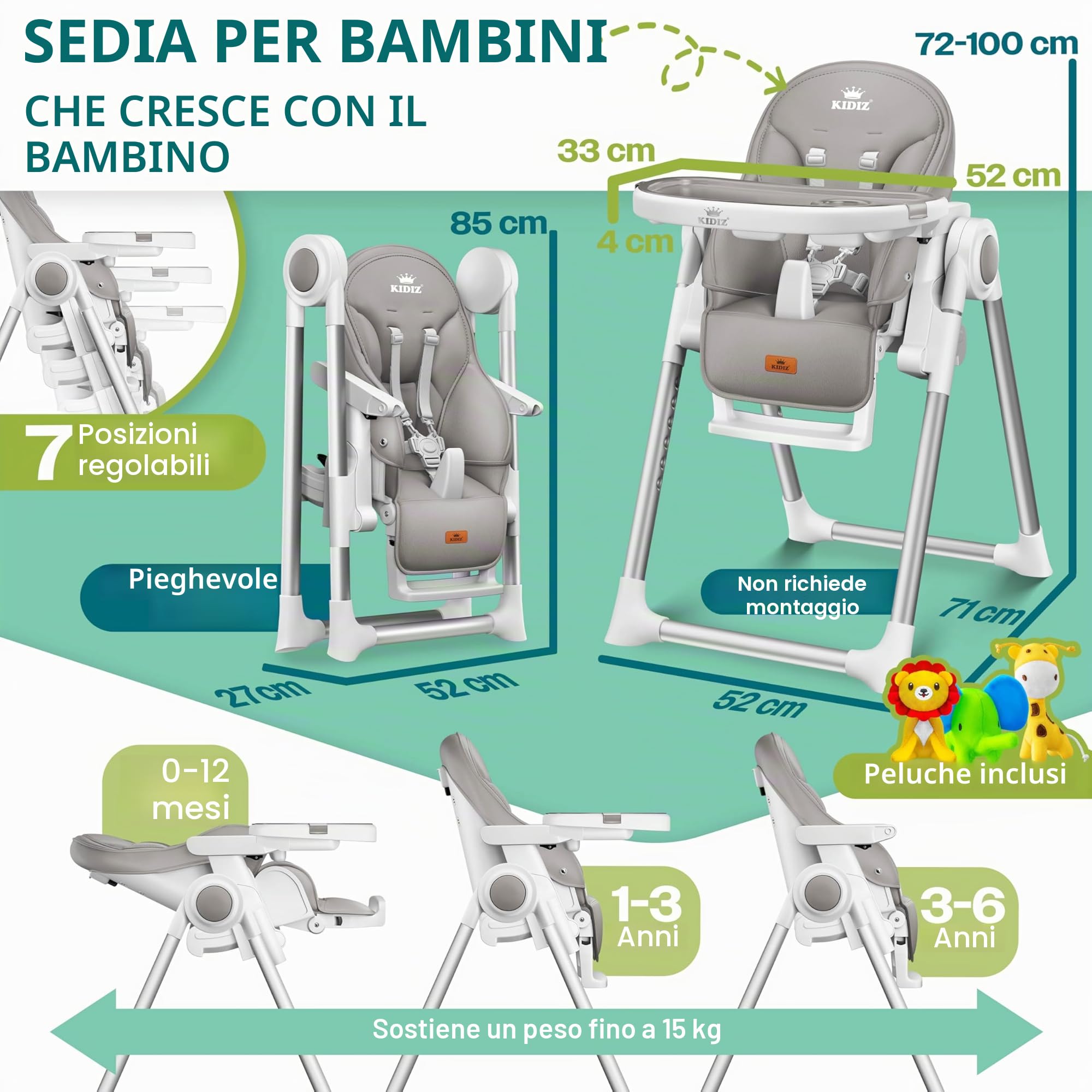 KIDIZ® 3 in 1 Seggiolone Seggiolone per bambini con barra dei giochi, Lettino per bambini, Seggiolone combinato Seggiolone per bambini, Schienale regolabile in 7 diverse altezze, grigio chiaro