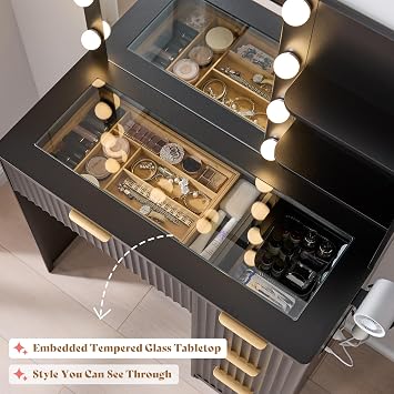 AMERLIFE 36.2 Fluted Vanity Desk with Mirror and Lights, Black | Large 4 Drawers Black Makeup Vanity Table with Glass Top and Charging Station for Women and Girls, Bedroom or Dorm