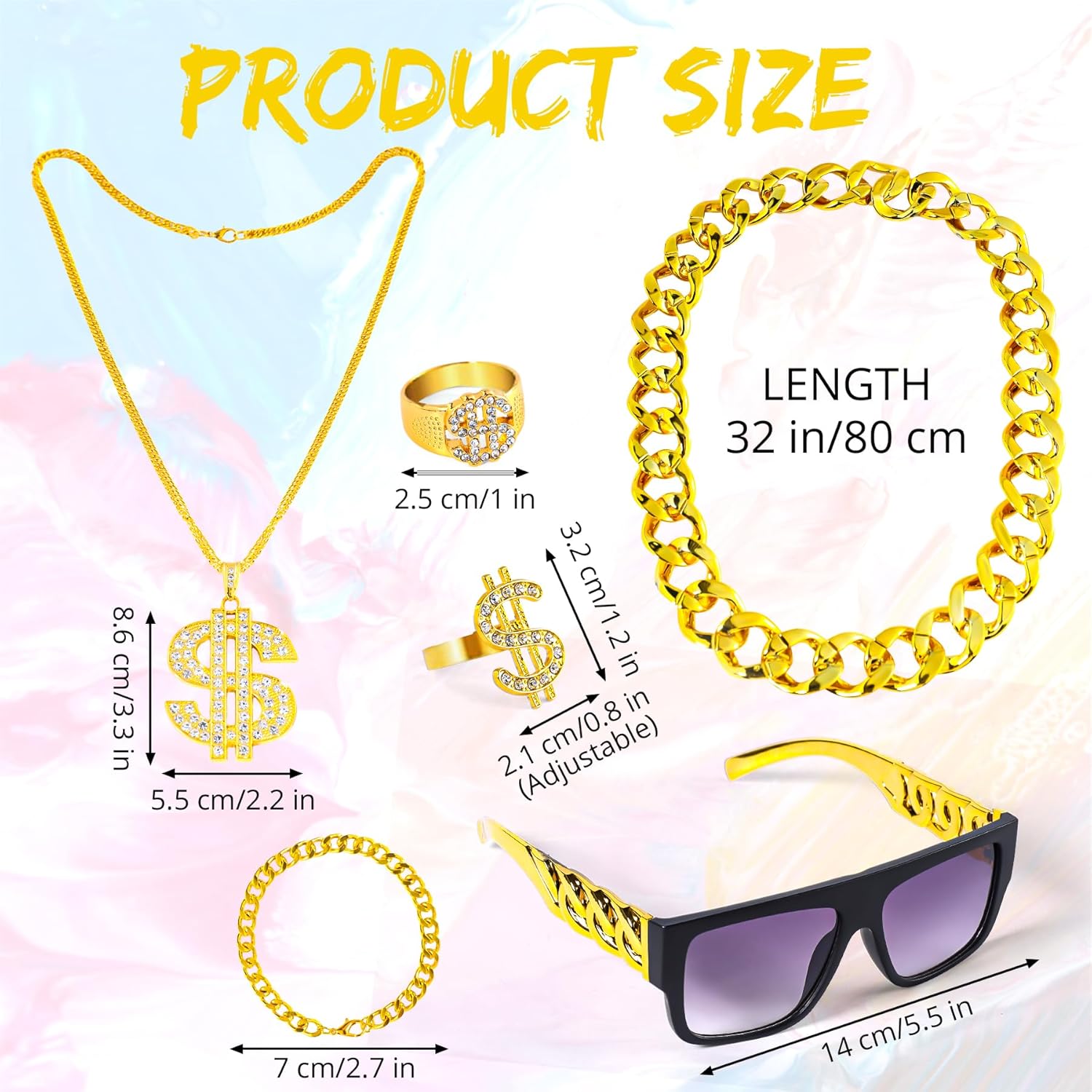 6Pcs Hip Hop Costume Kit 80s 90s Outfit for Men Women Dollar Sign Necklace Fake Gold Chain Bracelet Money Finger Ring Sunglasses for Jewelry Rapper Accessories Halloween Party Cosplay Props - Image 2