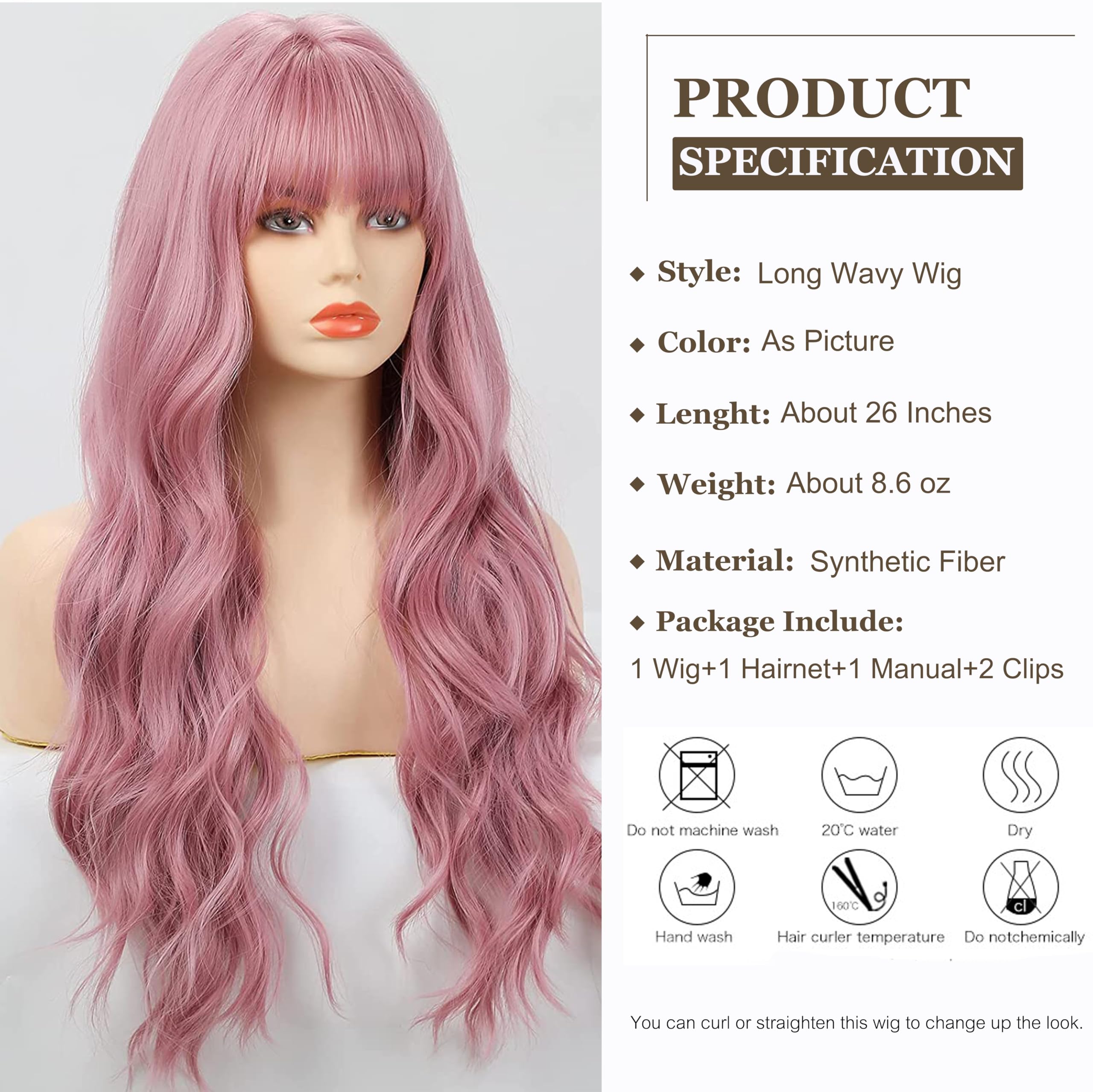Amazon.com : Esmee 26 Inches Long Pink Wig with Bangs Natural