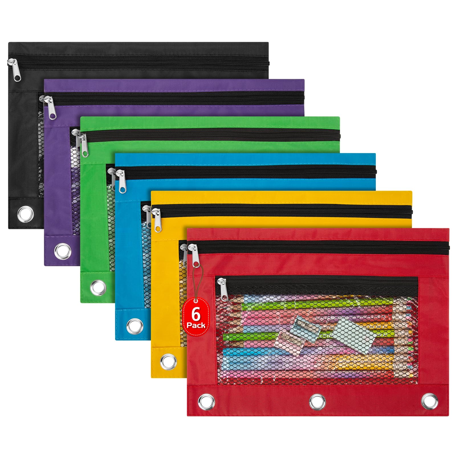 IKAYAS 6 Pack Pencil Pouch for 3 Ring Binder, Pencil Bags for Classroom Bulk Pencil Pouch Box Pencil Case for Storing School Teacher Supplies, 6