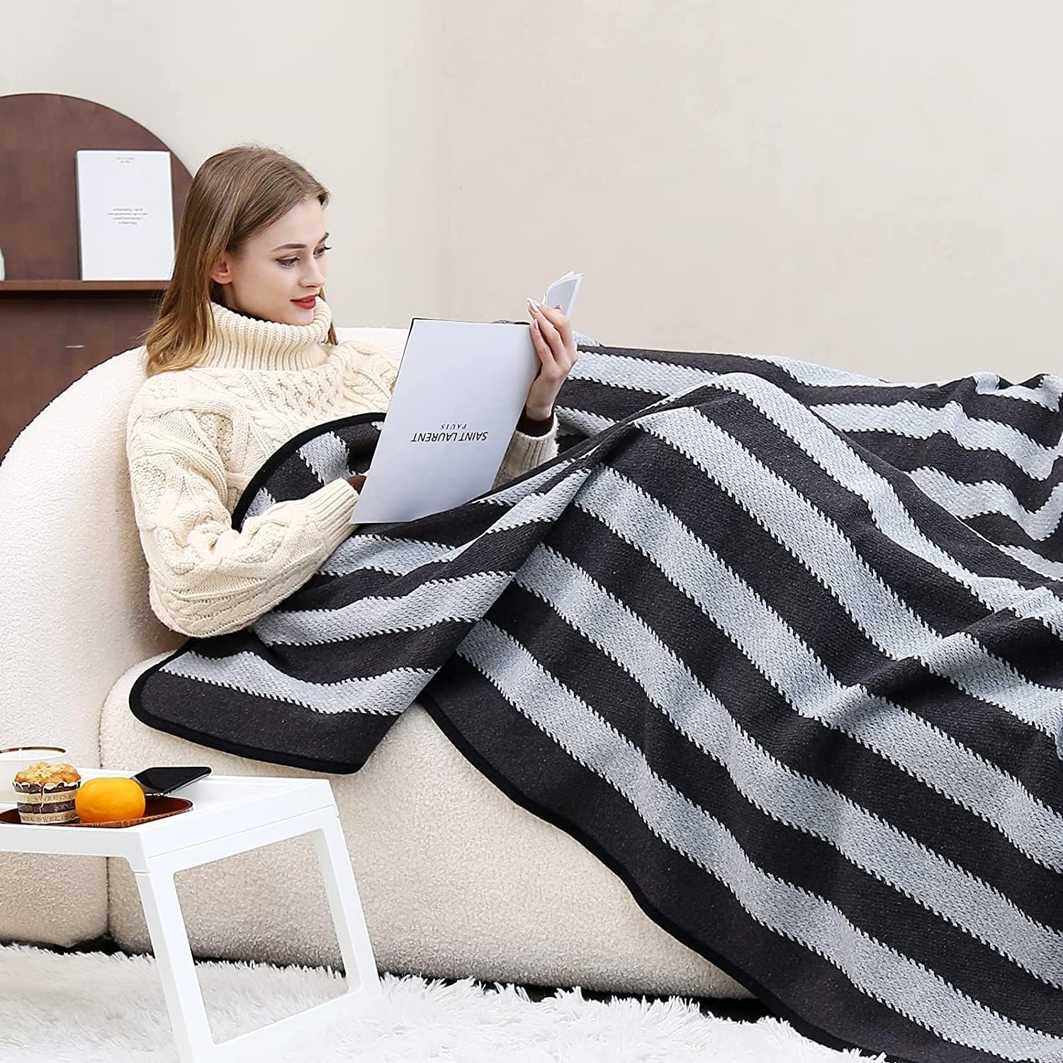 Coperta In Lana Merino 160x220 Cm - Boemia, Per Divano E Campeggio, Nero Carbone - Foto 11